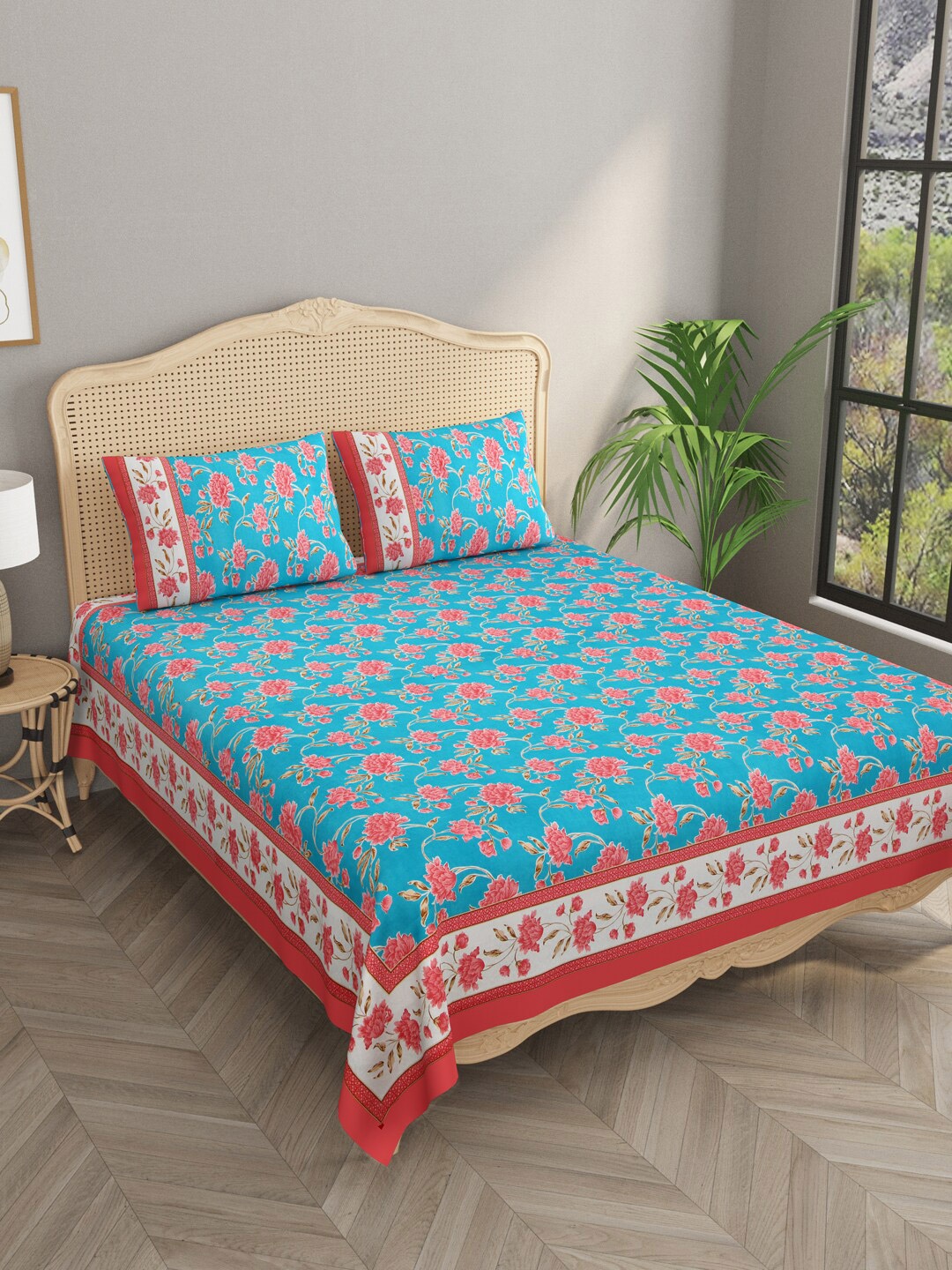 

Gulaab Jaipur Blue & Pink Floral Cotton 600 TC King Bedsheet With 2 Pillow Covers