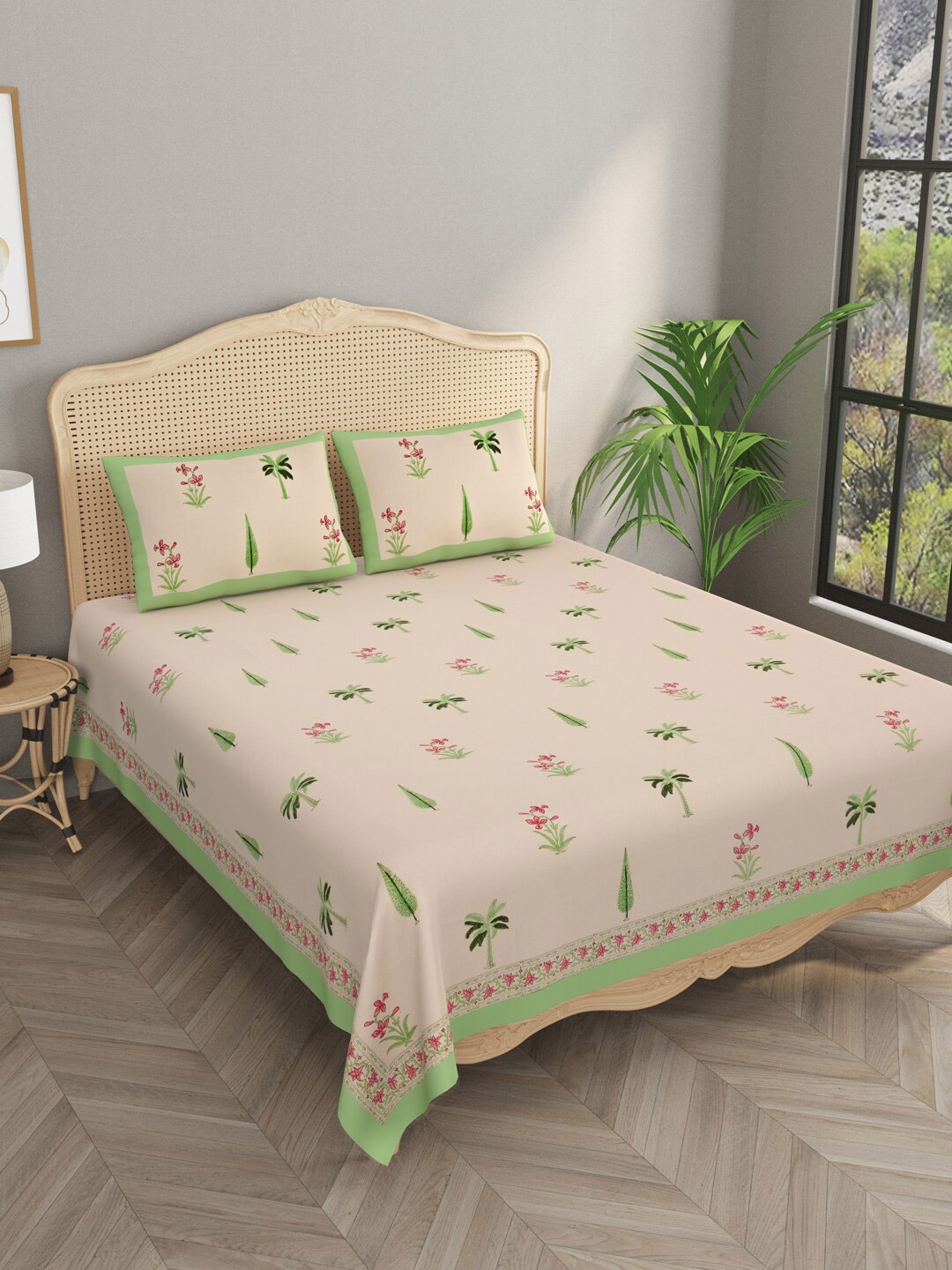 

Gulaab Jaipur Cream & Green Cotton Floral Flat 600 TC King Bedsheet With 2 Pillow Covers