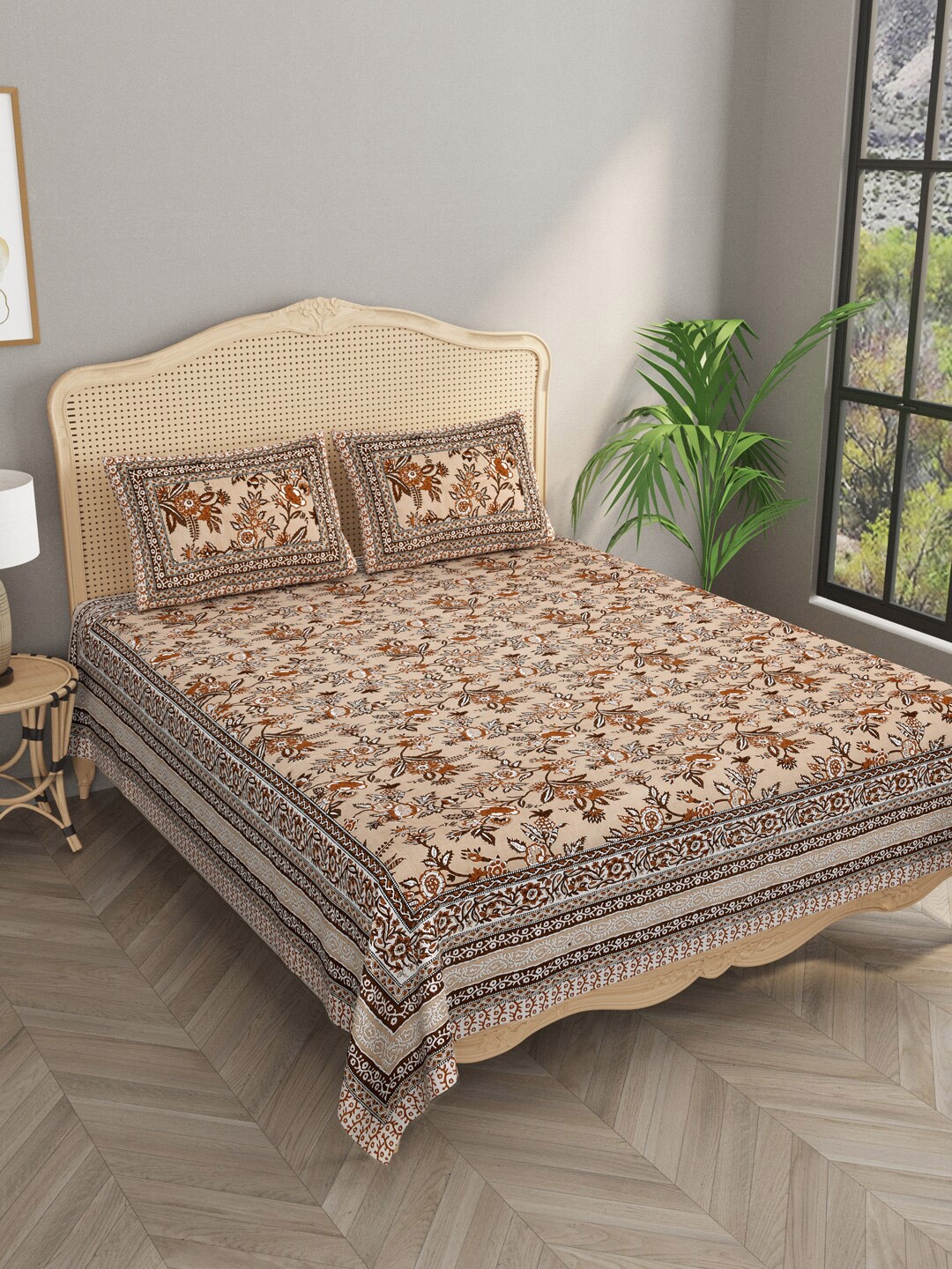 

Gulaab Jaipur Cream & White Floral Cotton Flat 400 TC King Bedsheet With 2 Pillow Covers