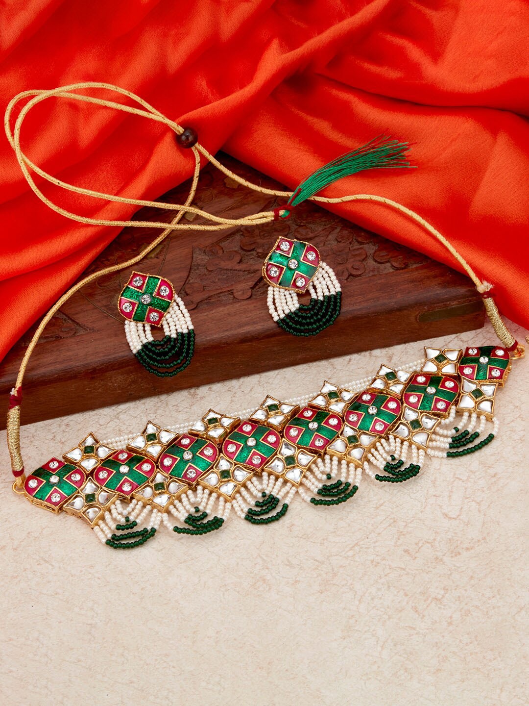 

Sukkhi Gold-Plated Kundan-Studded & Beaded Choker Necklace and Earrings
