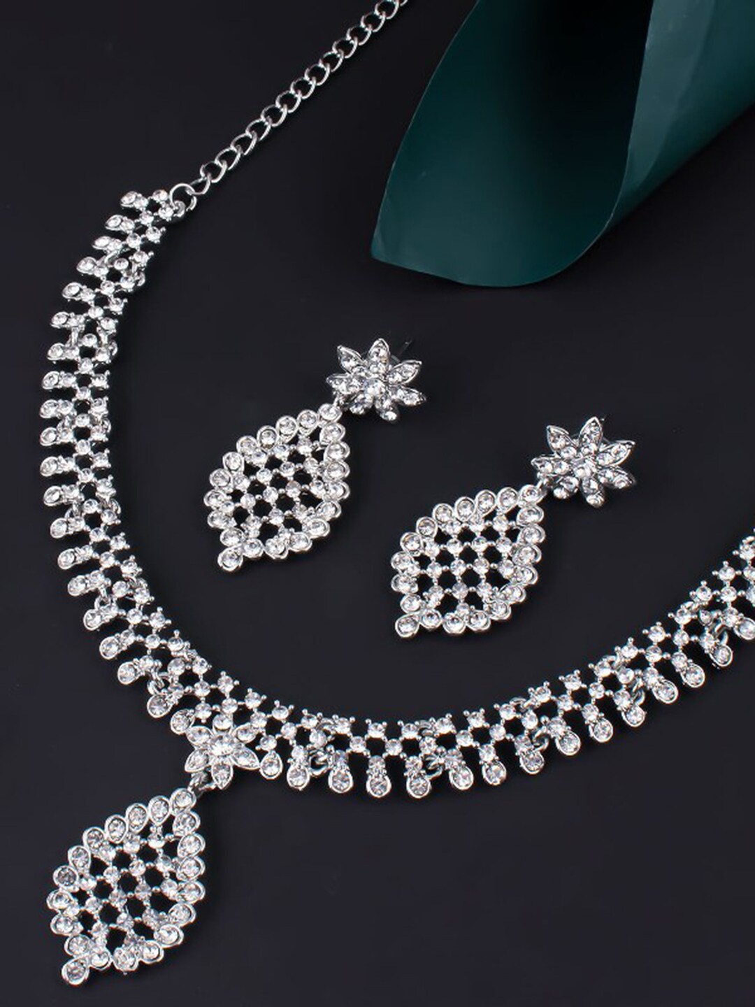 

Sukkhi Rhodium-Plated Stone Studded Necklace and Earrings, Silver