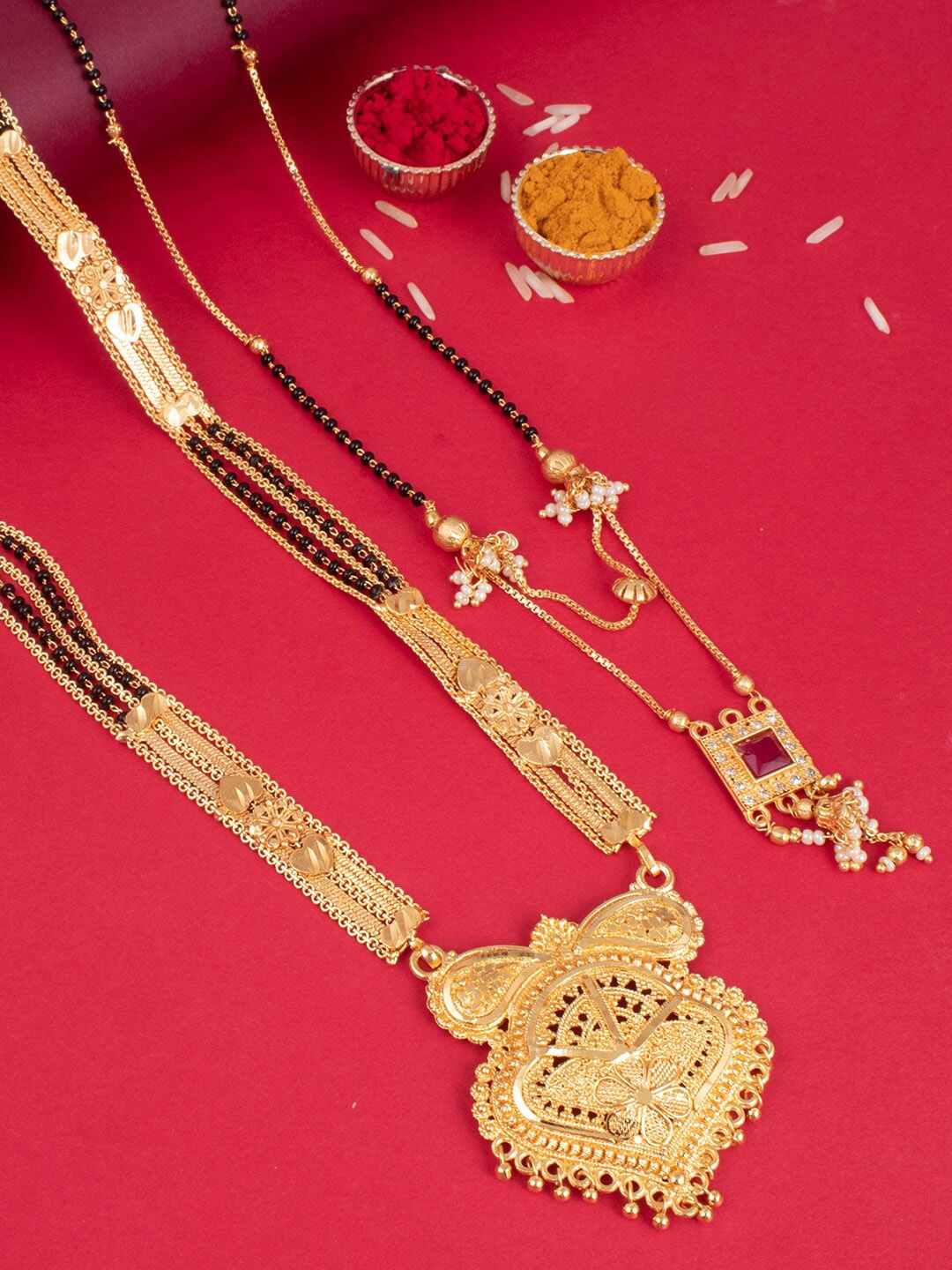 

Sukkhi Set Of 2 Gold-Plated Beaded & Stone-Studded Mangalsutras