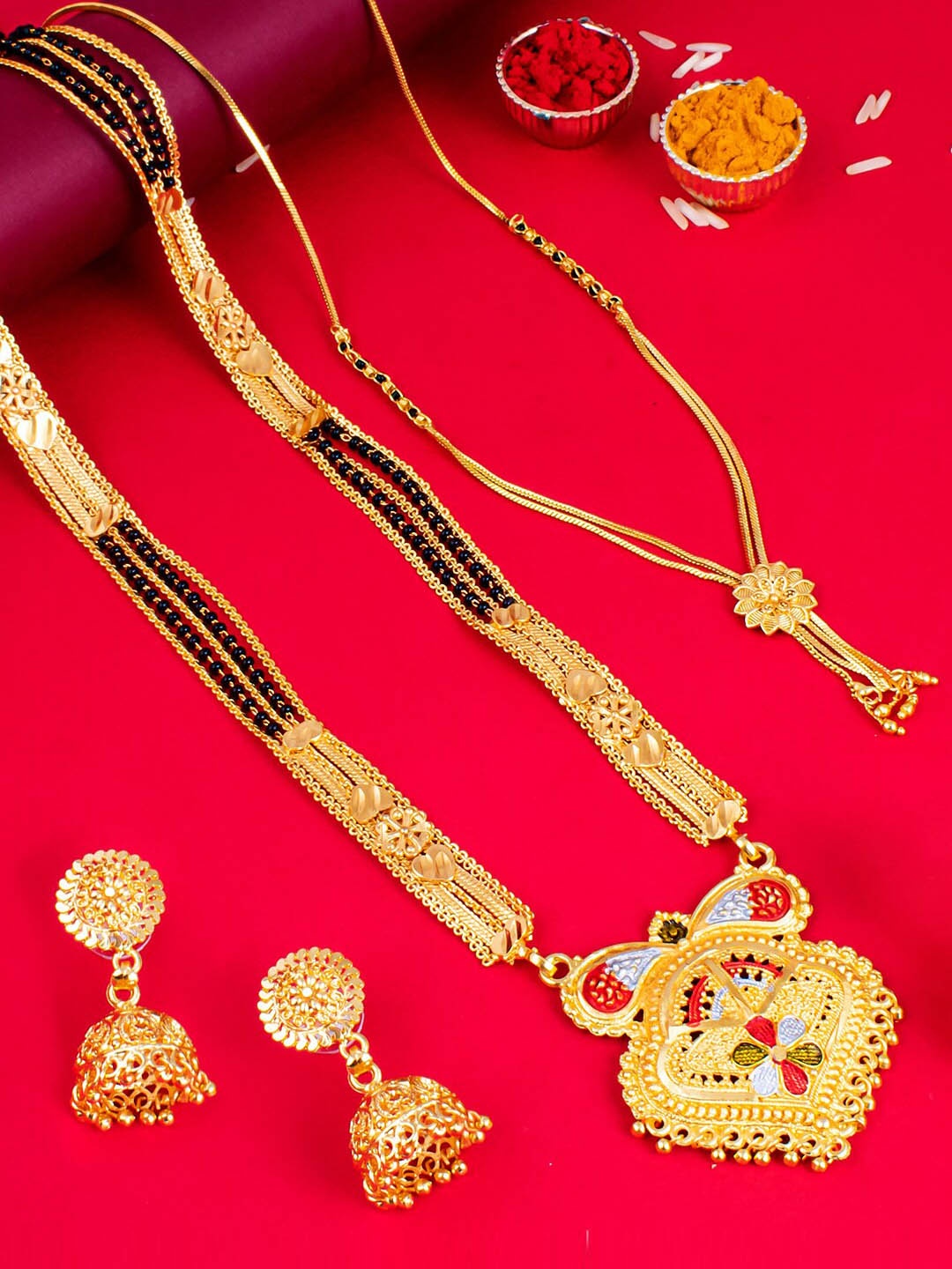 

Sukkhi Set Of 3 Gold-Plated Mangalsutra With Earrings