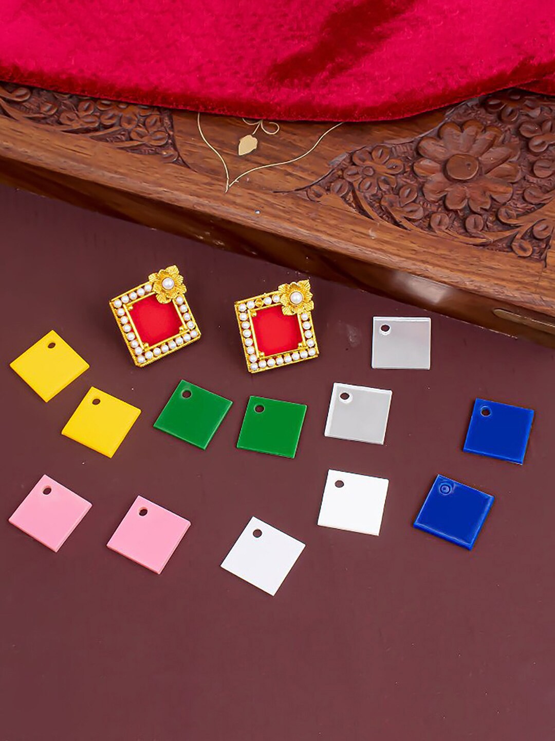 

Sukkhi Set Of 7 Gold Plated Contemporary Studs Earrings, Red