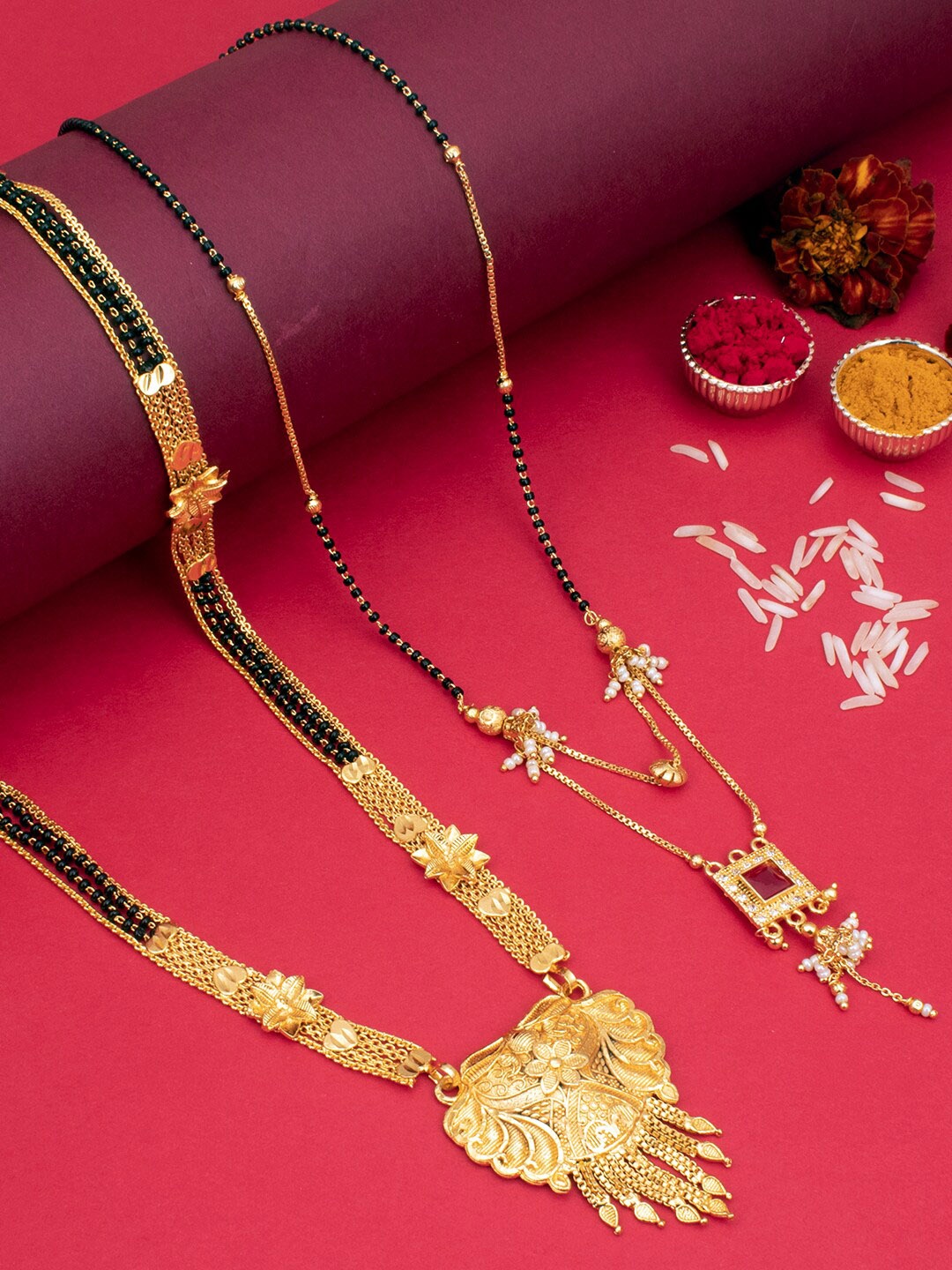 

Sukkhi Set Of 2 Gold-Plated Stone-Studded & Black Beaded Mangalsutra