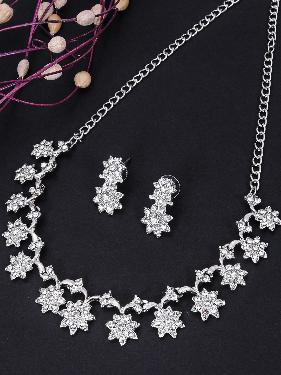 

Sukkhi Rhodium-Plated Stone-Studded Jewellery Set, Silver