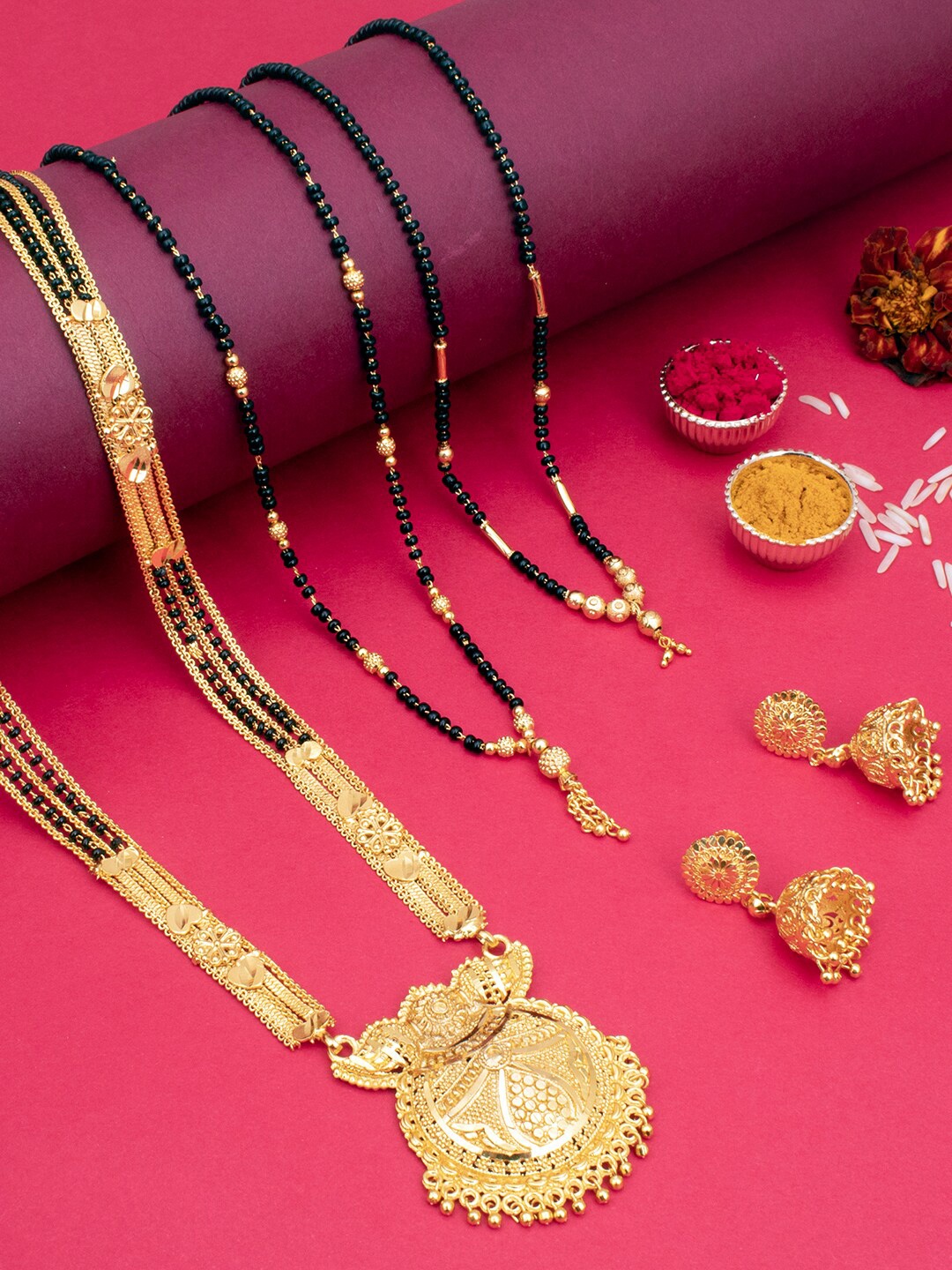 

Sukkhi Set Of 4 Gold Plated & Beaded Mangalsutra With Earrings