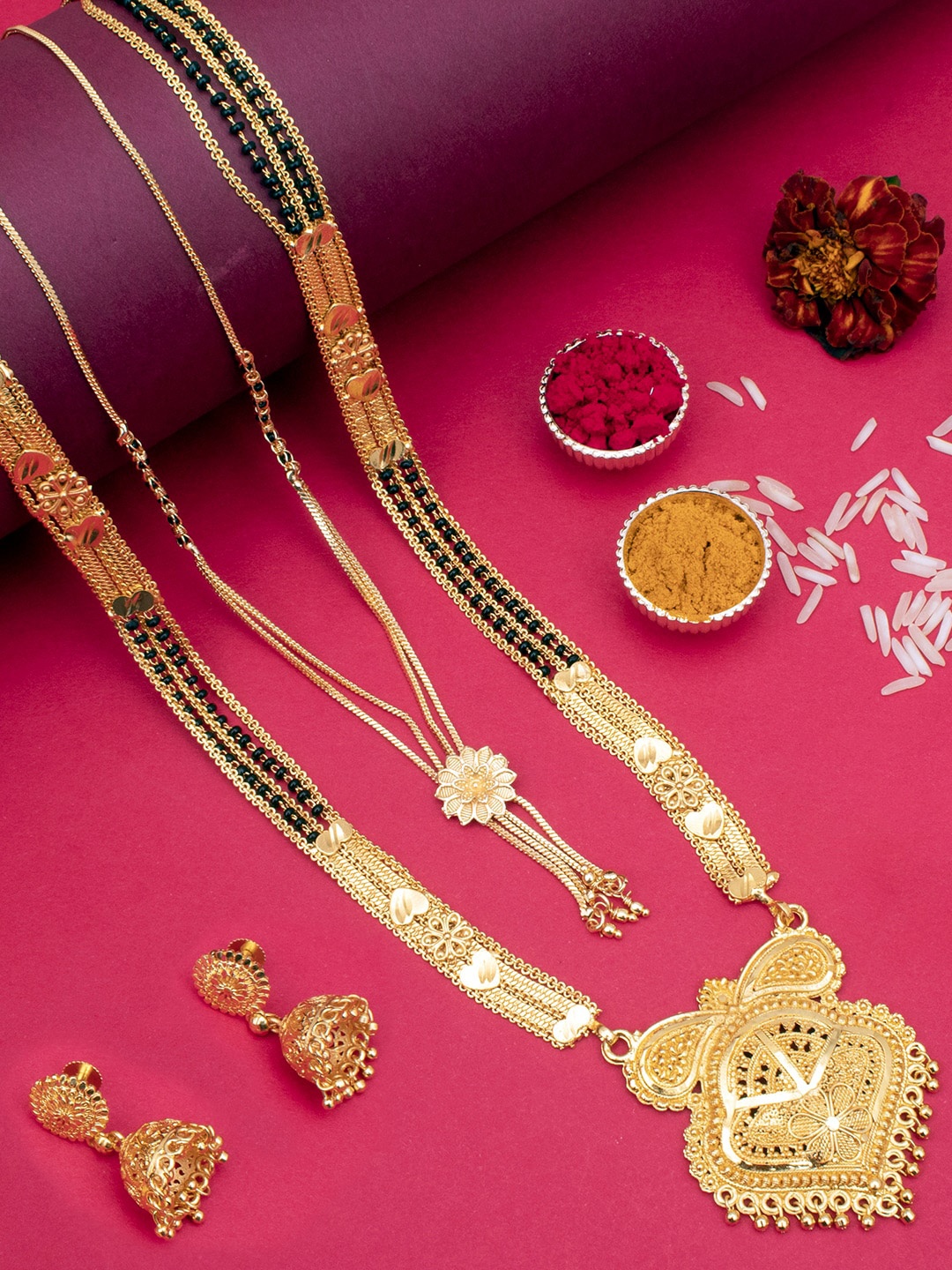 

Sukkhi Set Of 3 Gold Plated & Beaded Mangalsutra With Earrings