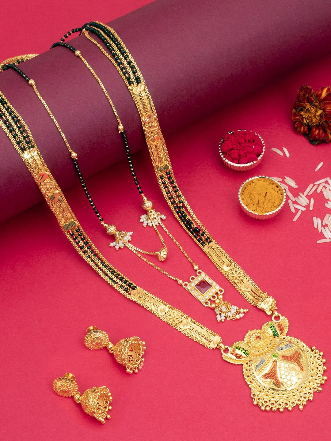 

Sukkhi Set Of 3 Gold-Plated Stone-Studded & Beaded Mangalsutra With Earrings