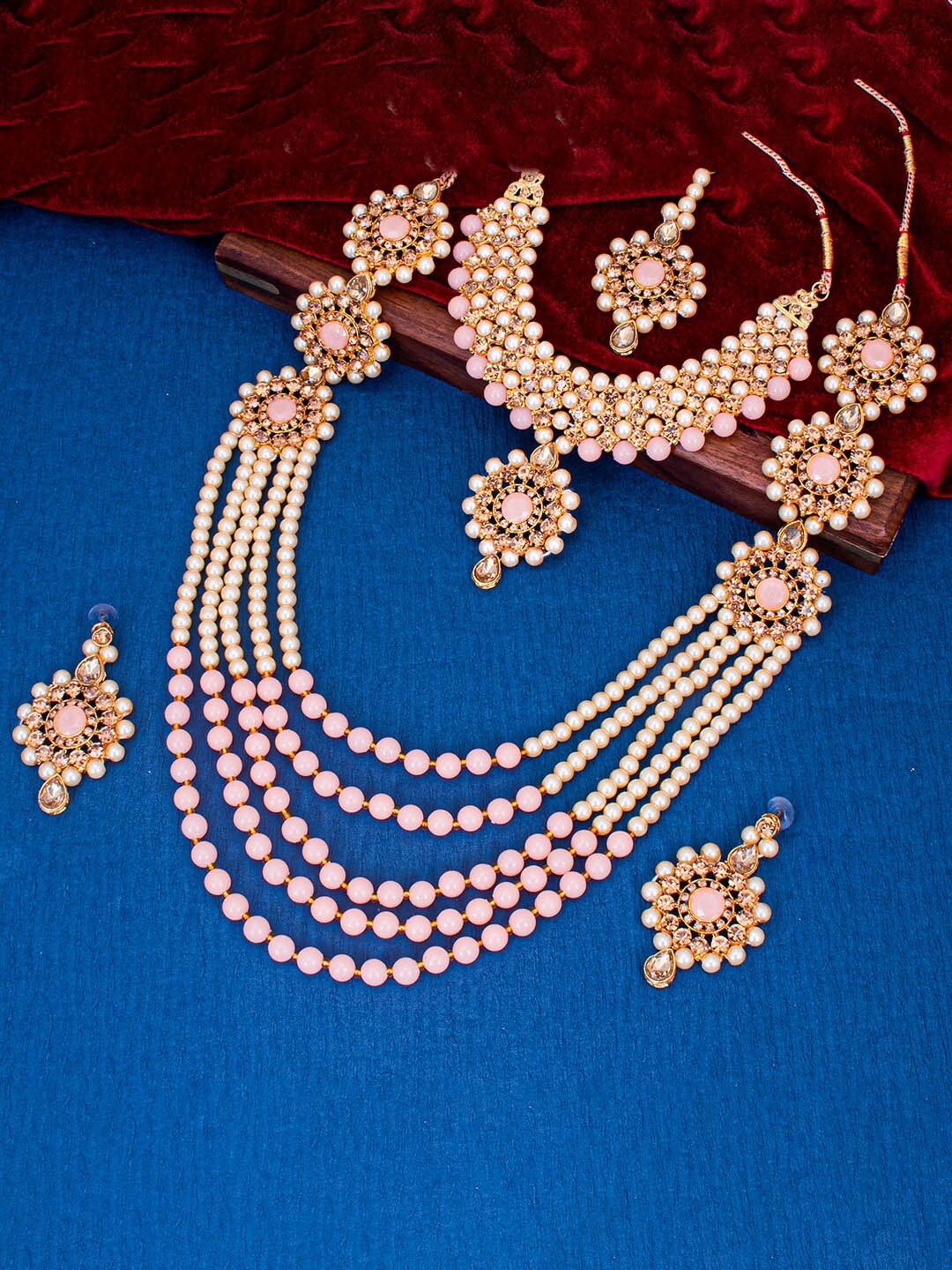 

Sukkhi Set Of 2 Gold-Plated Stone Studded Choker & Layered Necklace Set With Maang Tikka