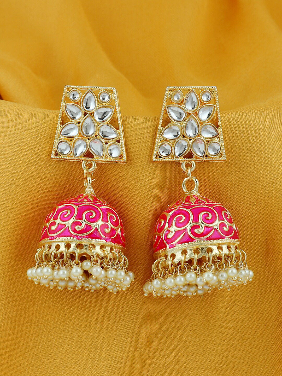

Sukkhi Gold Plated Dome Shaped Kundan Meenakari Jhumkas