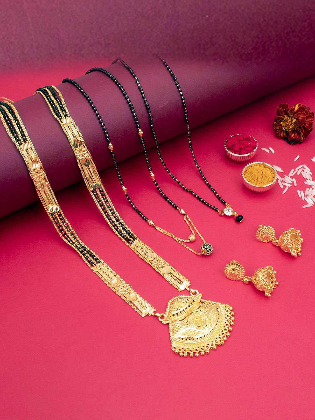 

Sukkhi Set of 3 Gold-Plated Beaded Mangalsutra With Earrings