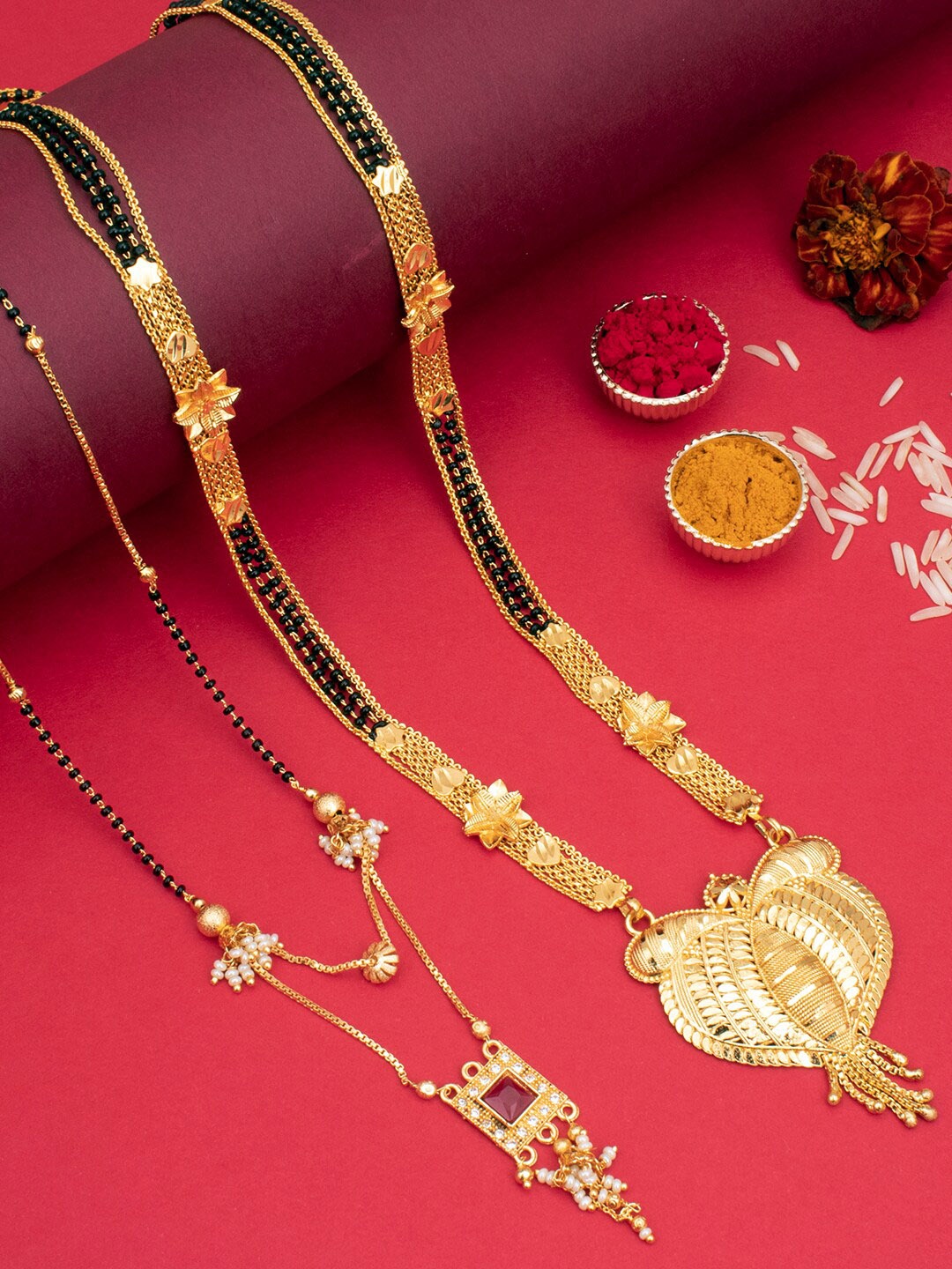 

Sukkhi Set Of 2 Gold-Plated Stone-Studded & Beaded Mangalsutra