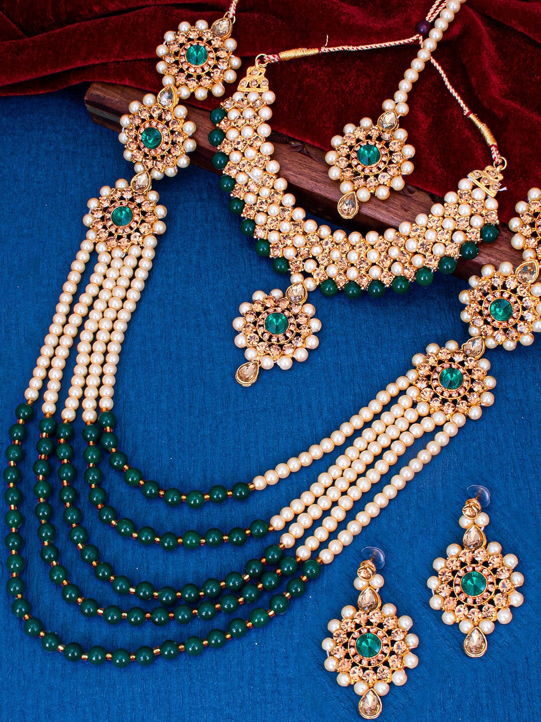 

Sukkhi Gold-Plated Choker and Long Stone-Studded Necklace and Earrings with Maang Tika