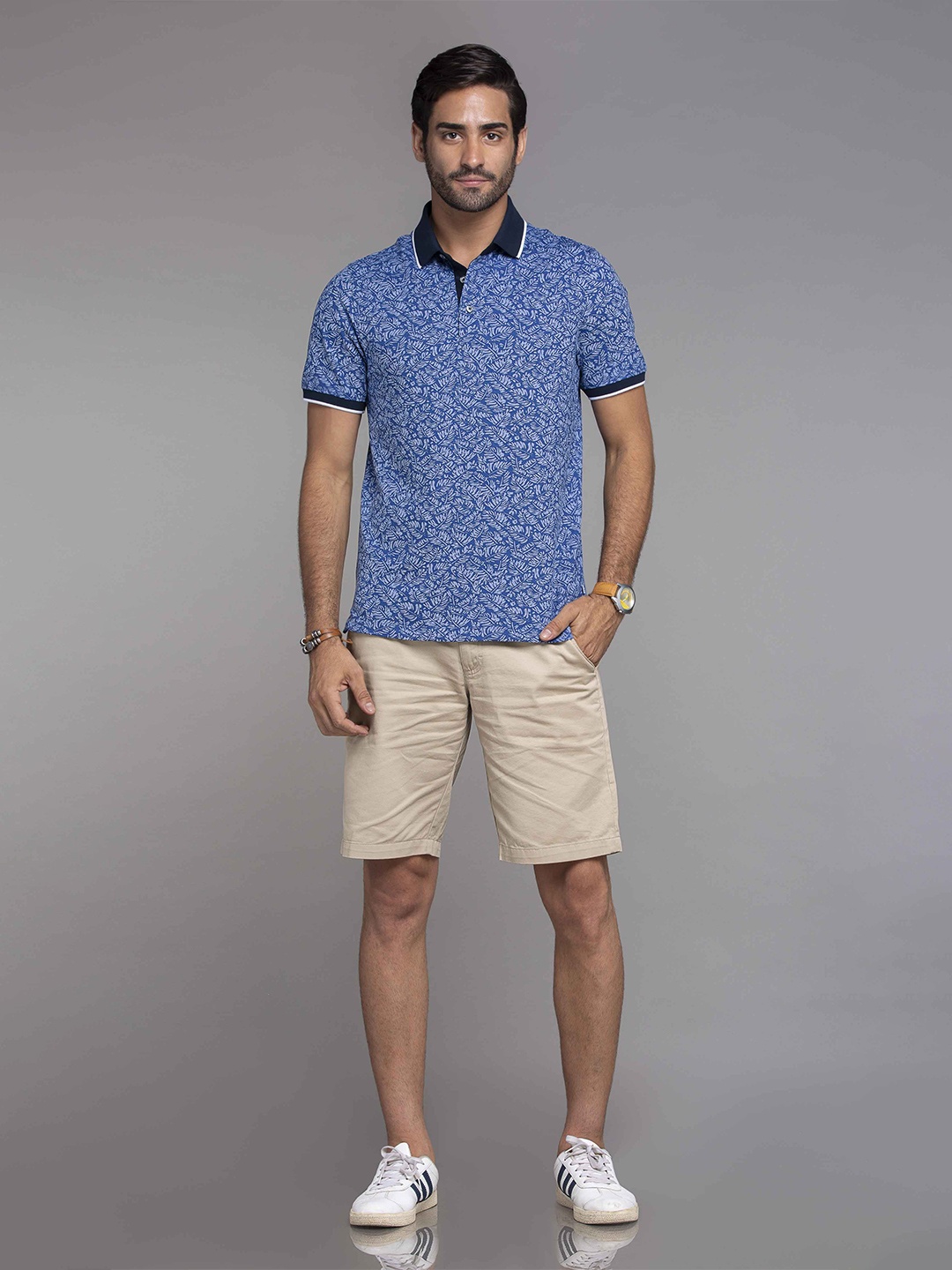 

MKOAL Floral Printed Polo Collar Pure Cotton T-shirt, Blue