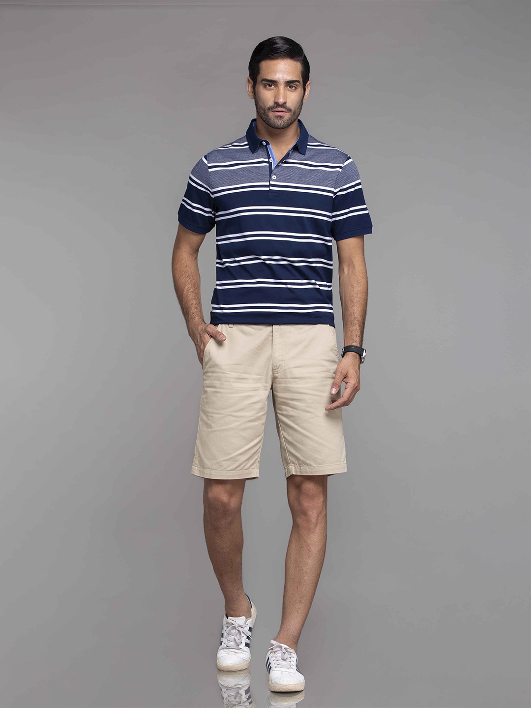 

MKOAL Striped Polo Collar Pure Cotton T-shirt, Navy blue
