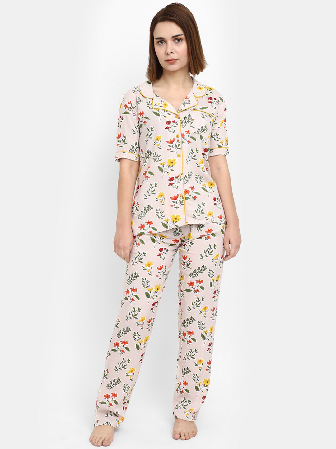 

V-Mart Floral Printed Pure Cotton Night Suit, Beige