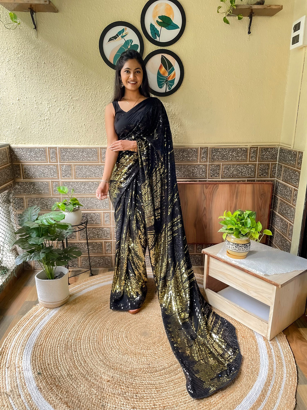 

Mitera Black & Gold-Toned Embellished Sequinned Poly Georgette Saree