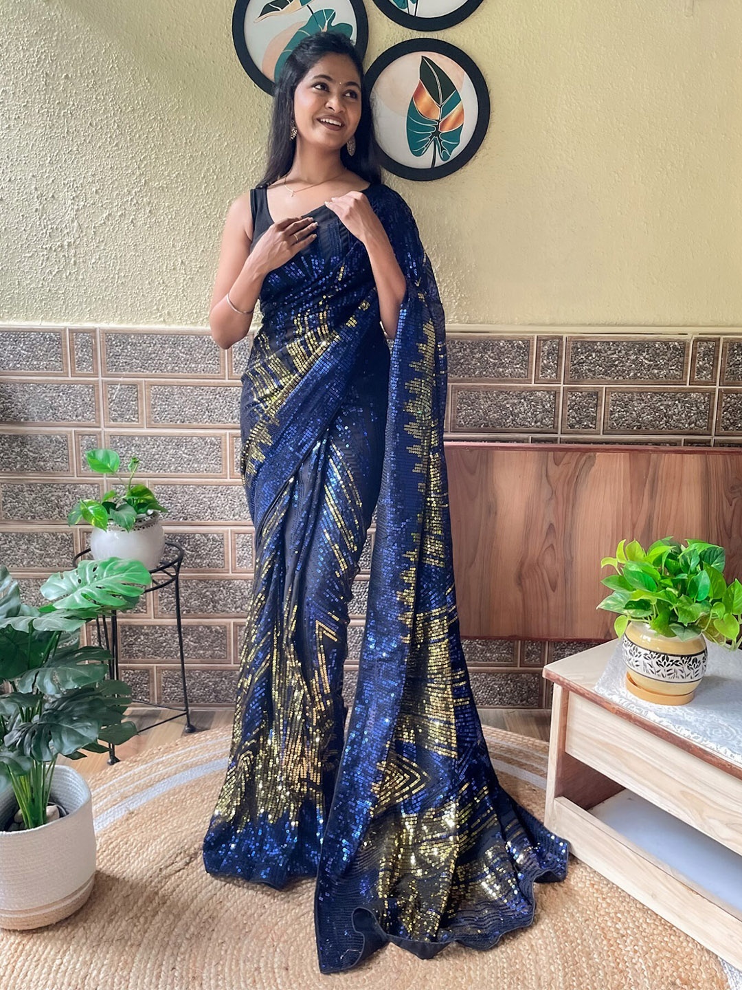 

Mitera Blue & Gold-Toned Embellished Sequinned Poly Georgette Saree