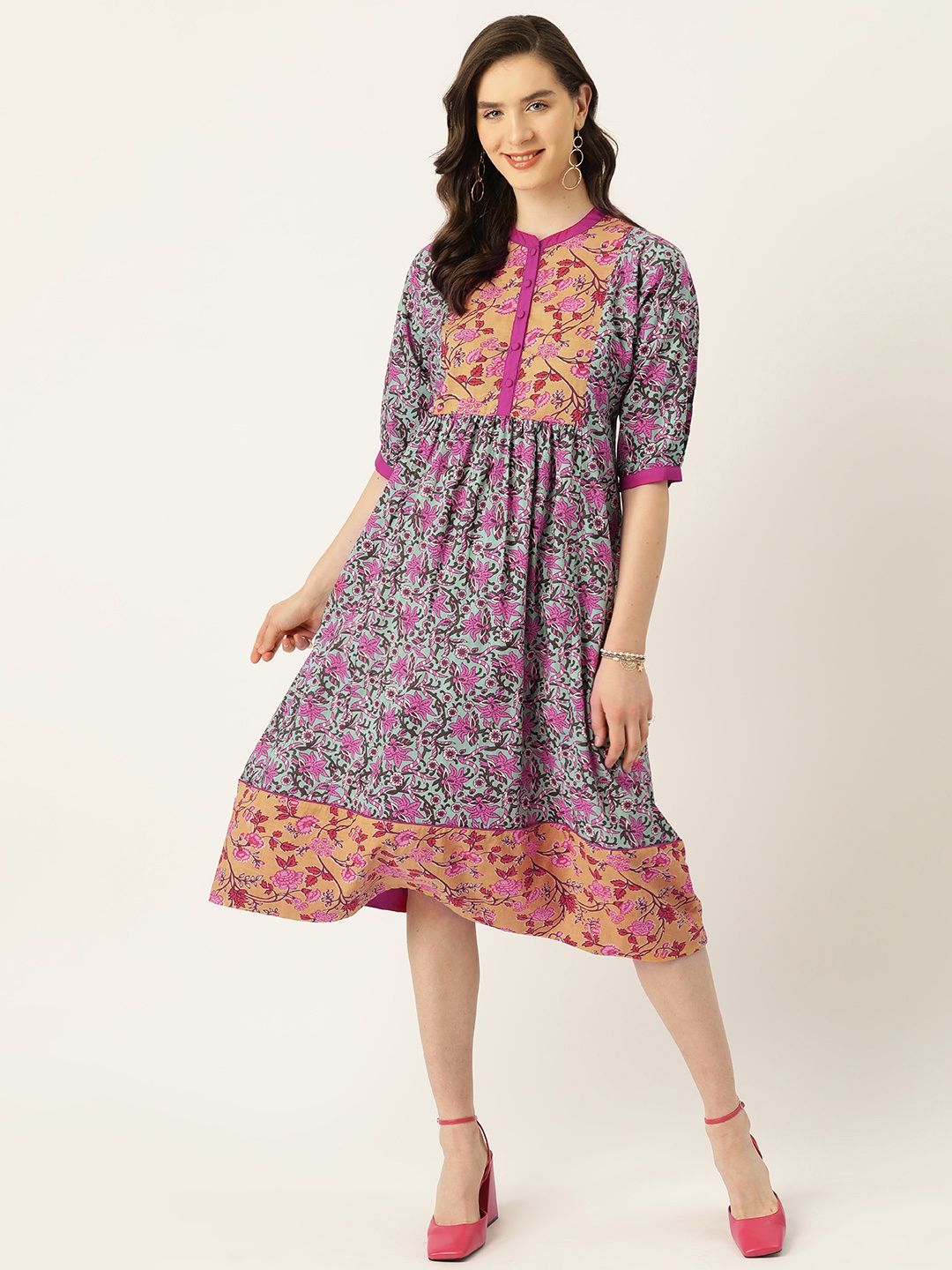 

Antheaa Floral Print Puff Sleeve Cotton A-Line Midi Dress, Green