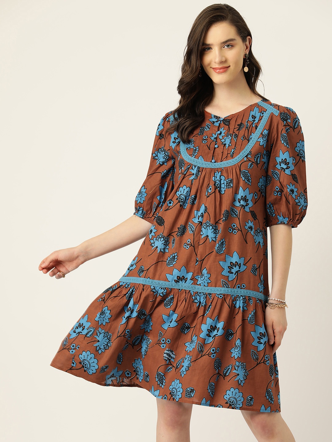 

Antheaa Floral Print Puff Sleeve Cotton A-Line Dress, Brown