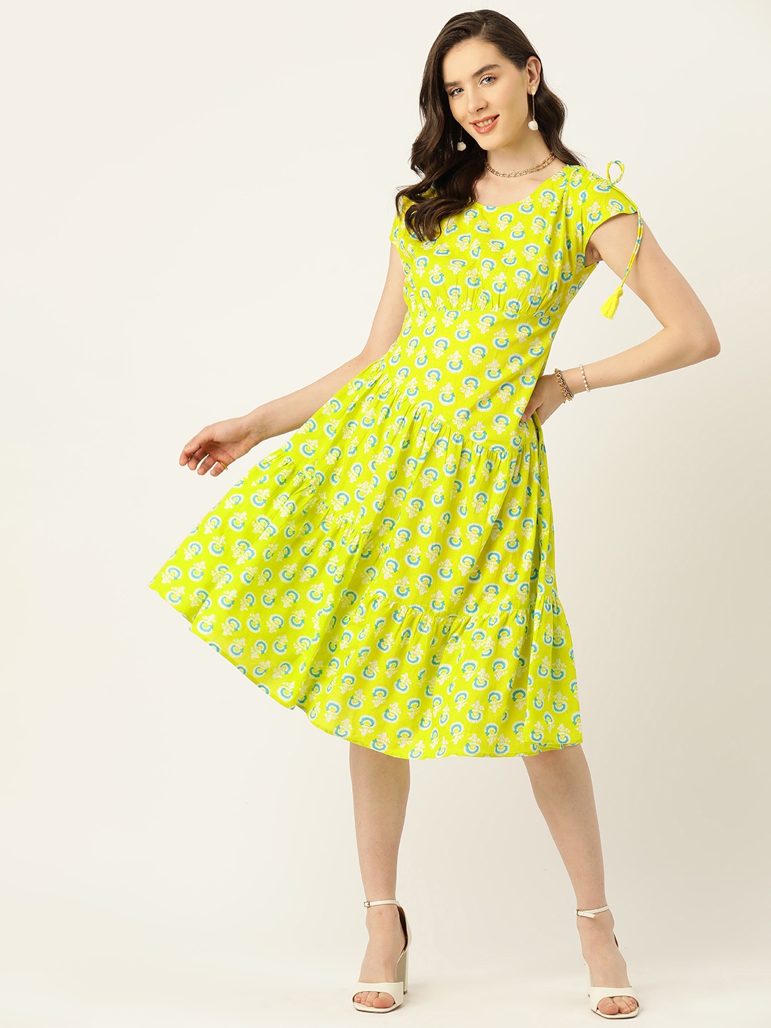 

Antheaa Floral Print Cotton A-Line Midi Dress, Lime green