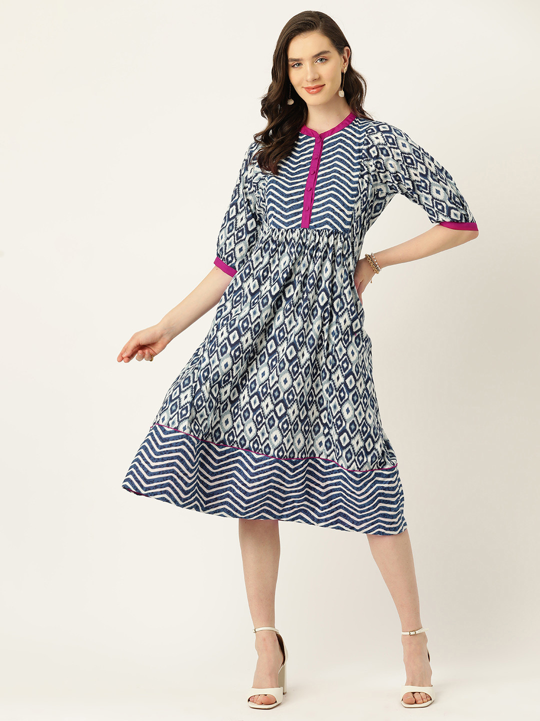 

Antheaa Printed Cotton A-Line Midi Dress, Blue
