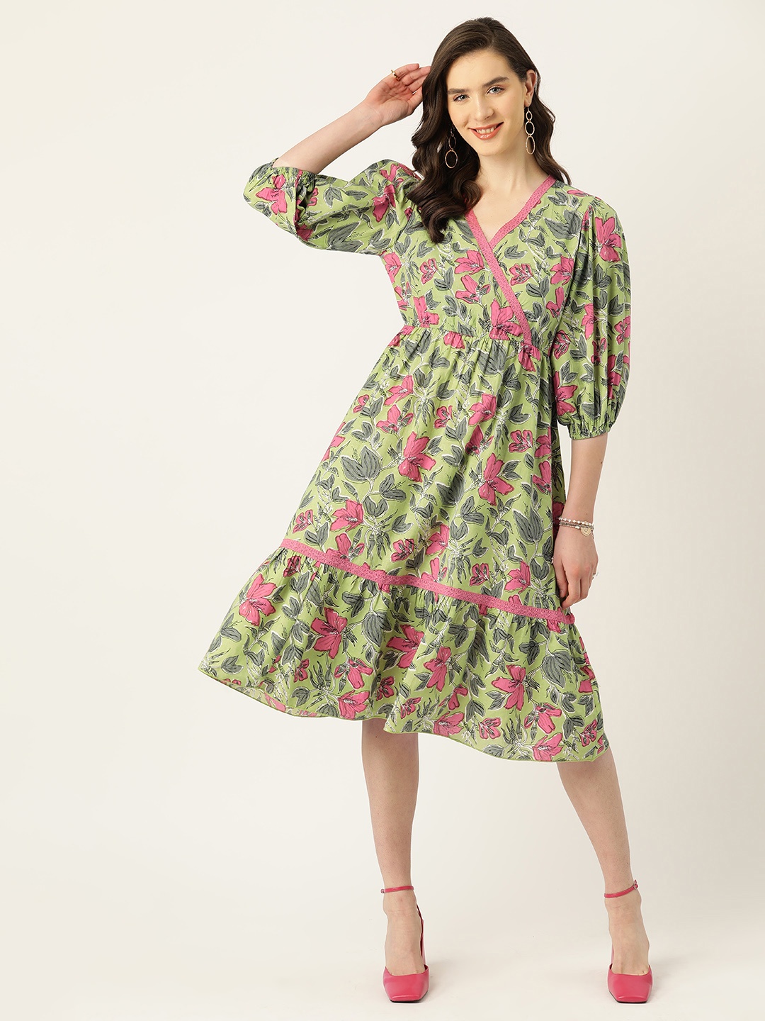 

Antheaa Floral Print Puff Sleeve Cotton Laced Midi Dress, Green