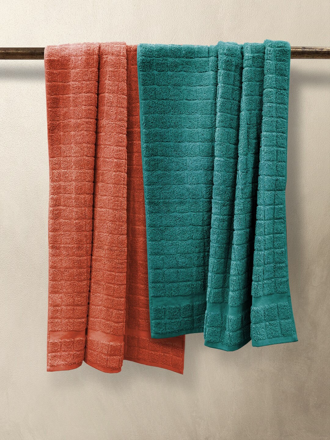 

Nautica Rust-Colored & Teal-Blue 2 Pieces Checked 500 GSM Pure Cotton Bath Towels