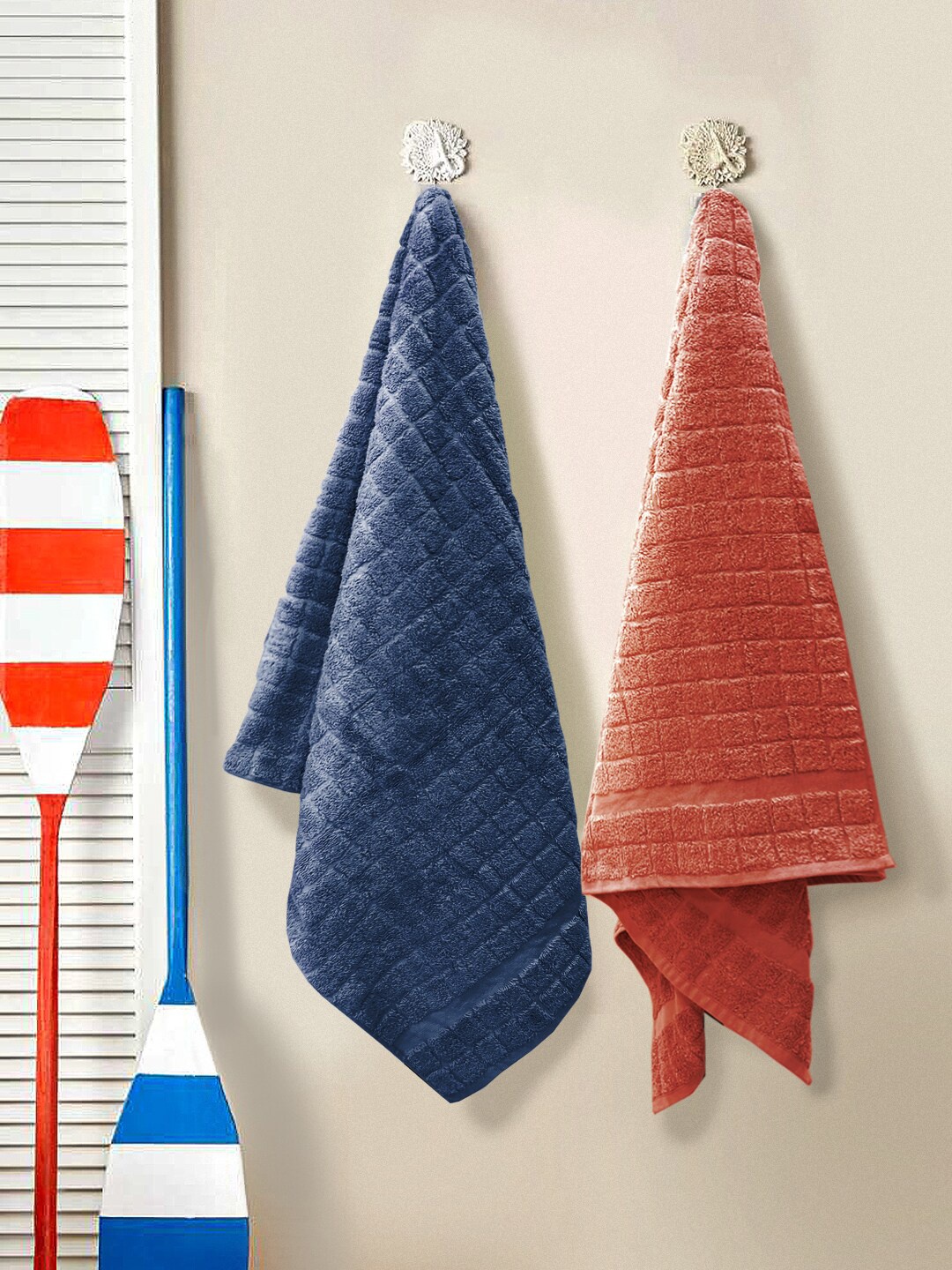 

Nautica Rust Orange-Colored & Navy-Blue 2 Pcs Self-Design 500 GSM Pure Cotton Bath Towels