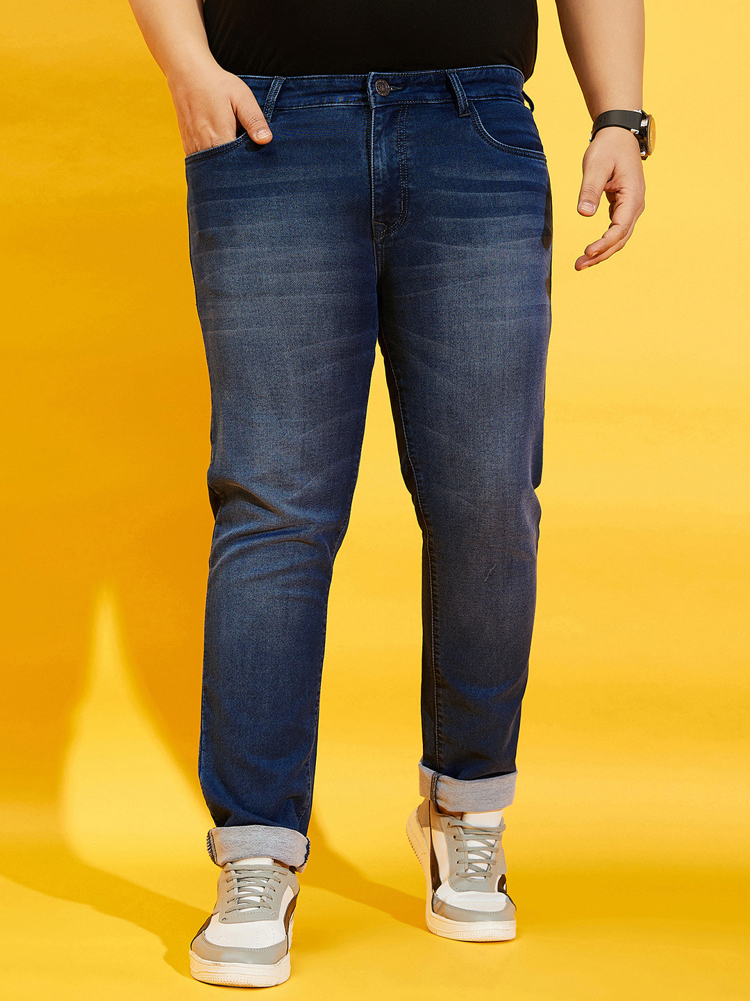 

bigbanana Plus Size Men Mid-Rise Heavy Fade Stretchable Cotton Jeans, Blue