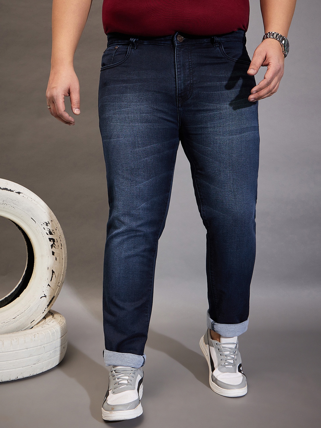 

bigbanana Plus Size Men Mid-Rise Heavy Fade Stretchable Cotton Jeans, Navy blue