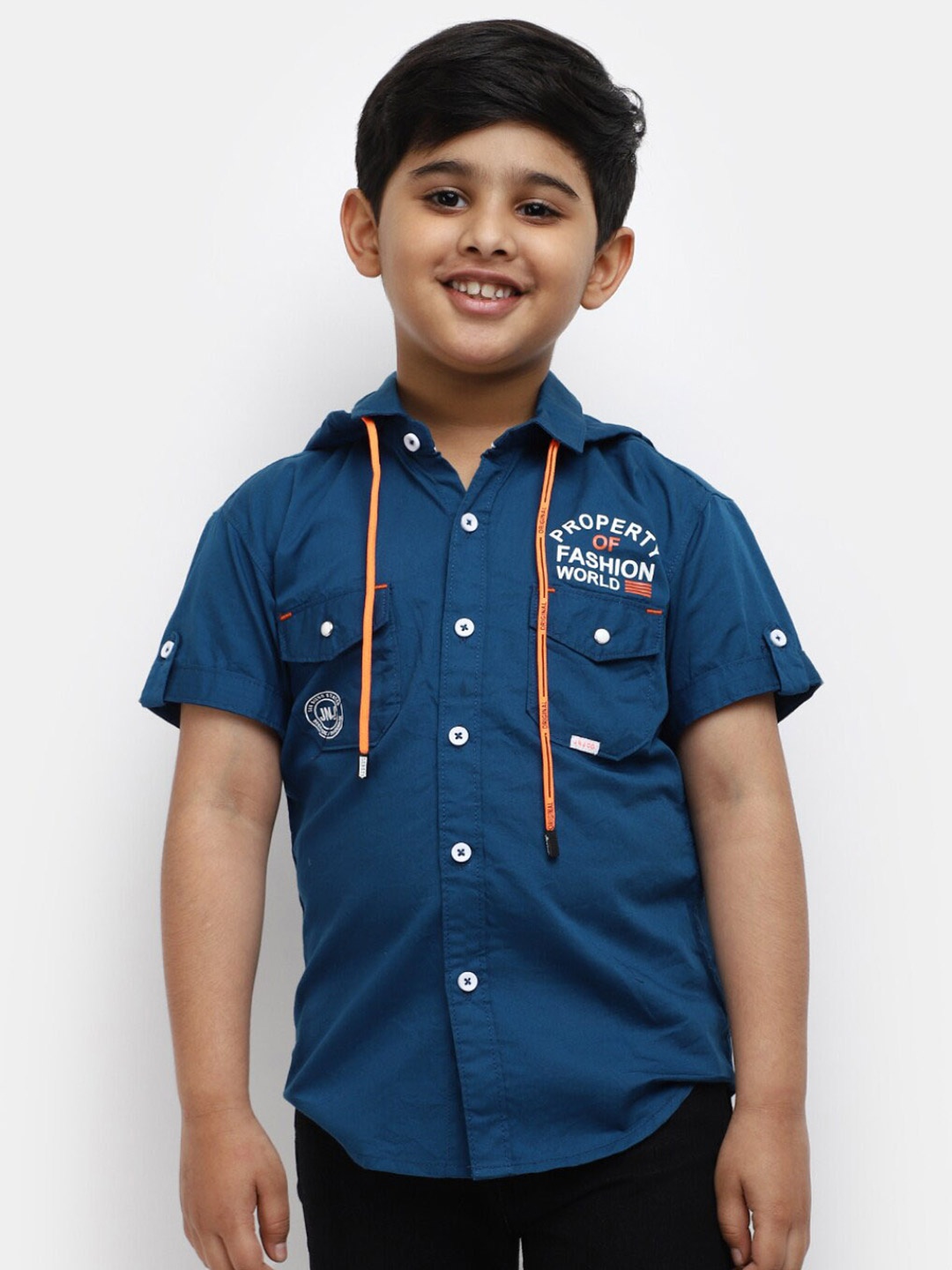 

V-Mart Boys Typography Printed Classic Fit Hooded Cotton Casual Shirt, Blue