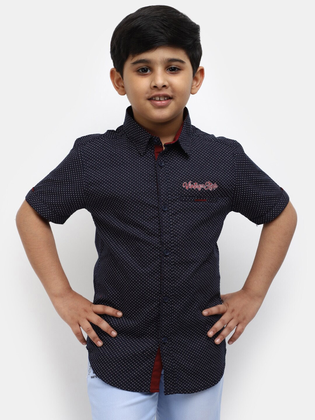 

V-Mart Boys Micro Ditsy Printed Classic Fit Cotton Casual Shirt, Navy blue