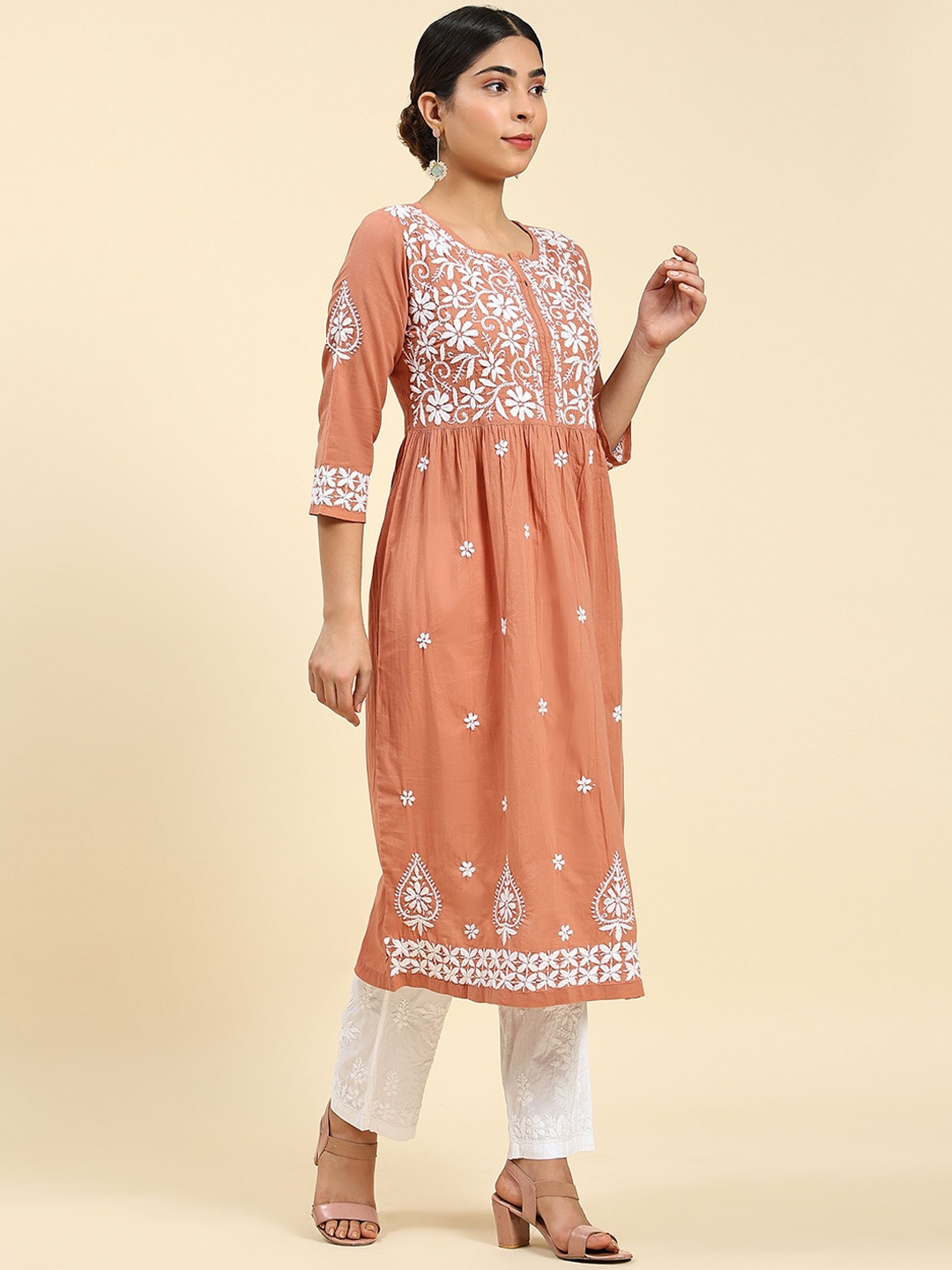 

HOUSE OF KARI Floral Embroidered Notched Neck Chikankari Pure Cotton A-Line Kurta, Orange