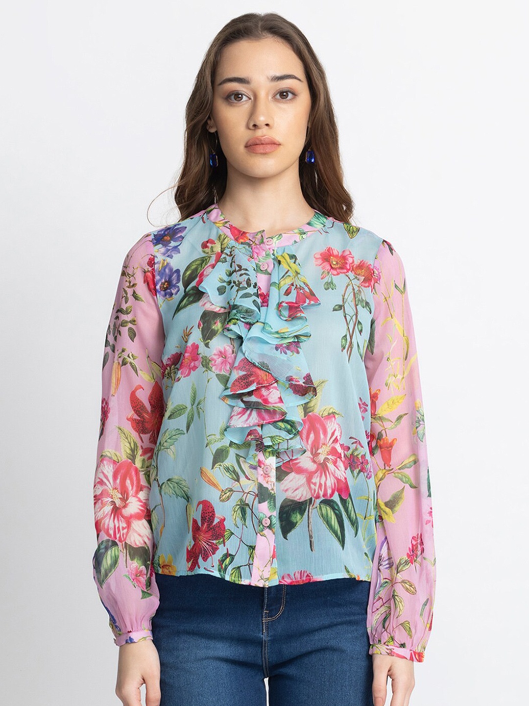 

SHAYE Classic Floral Printed Ruffled Shirt Styled Top, Blue