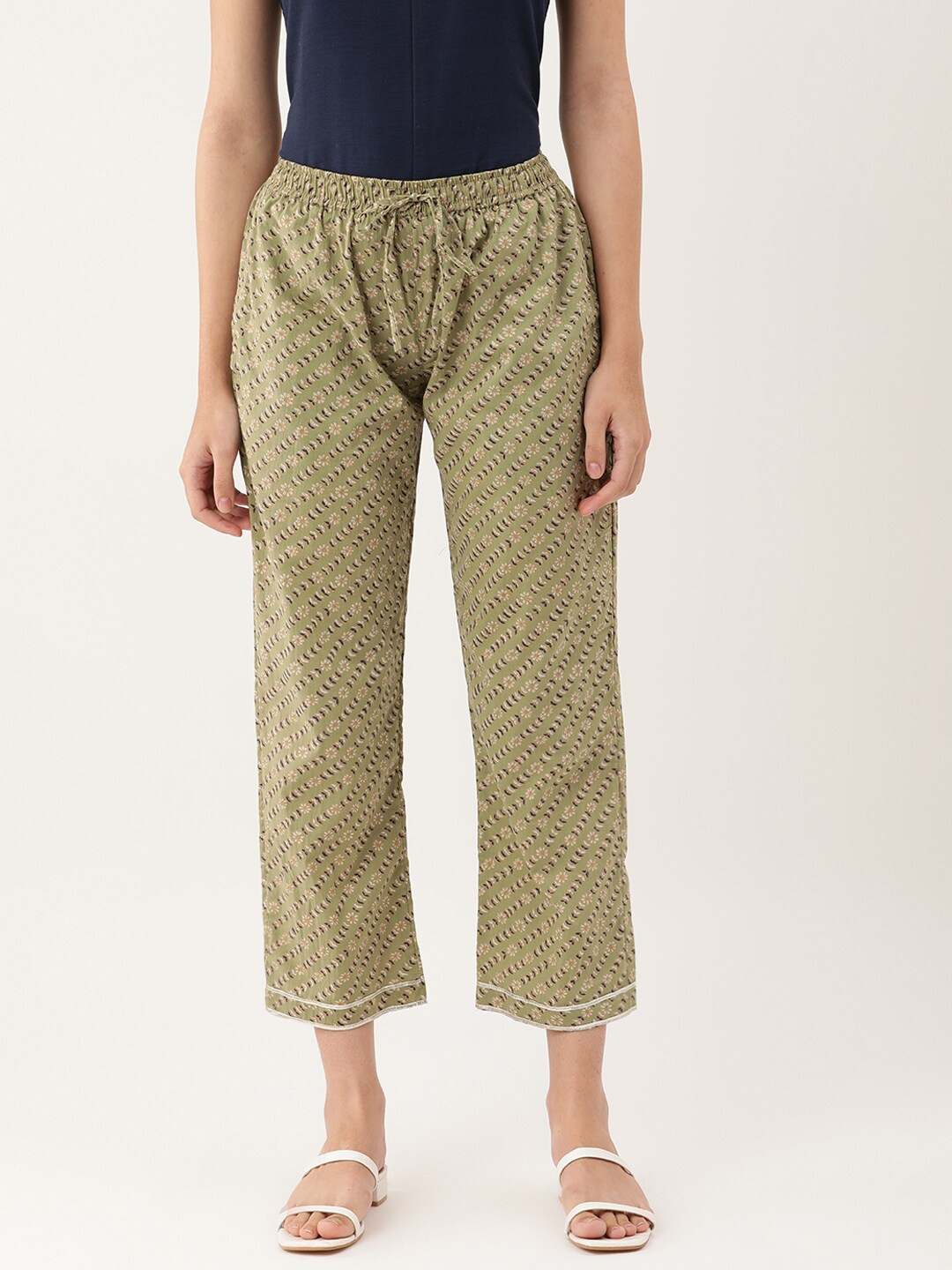 

Lokatita Women Green & Cream-Coloured Ethnic Motifs Printed Cropped Palazzos