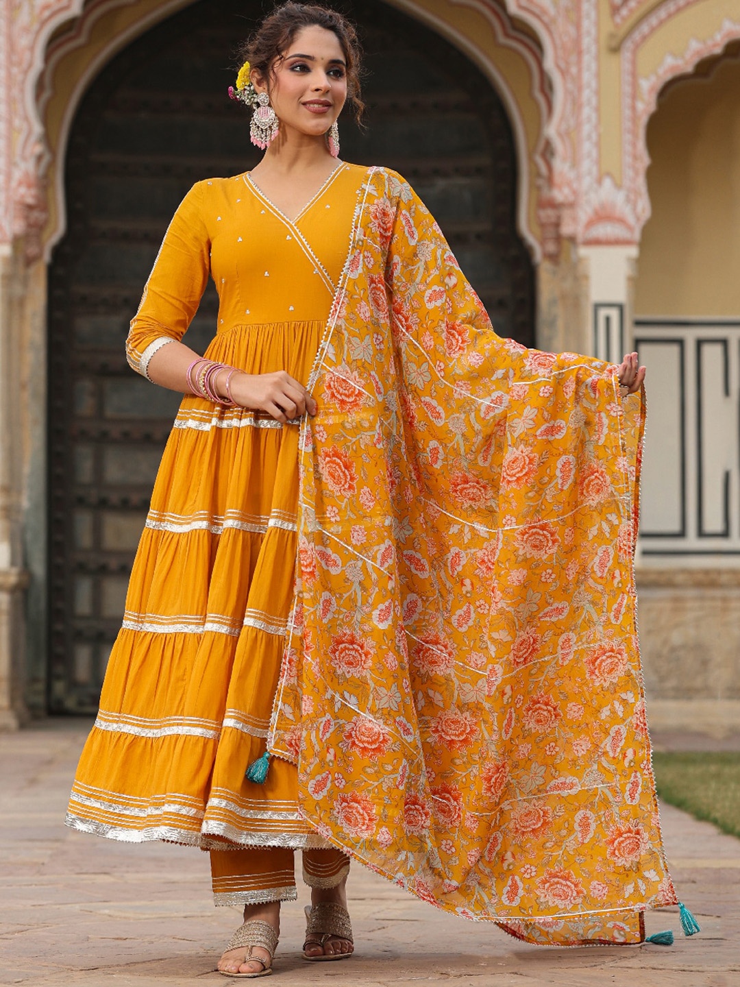 

EverBloom Embroidered Gotta Patti Anarakli Pure Cotton Kurta with Trousers & Dupatta, Mustard