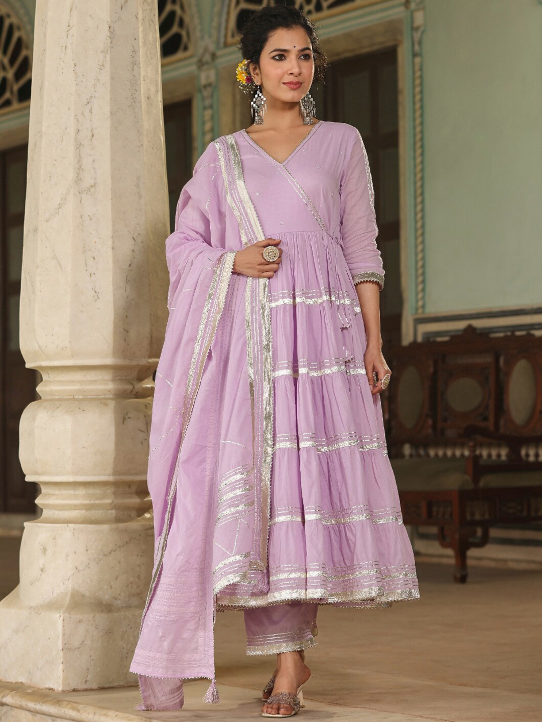 

EverBloom Embroidered Gotta Patti Pure Cotton Kurta with Trousers & Dupatta, Lavender