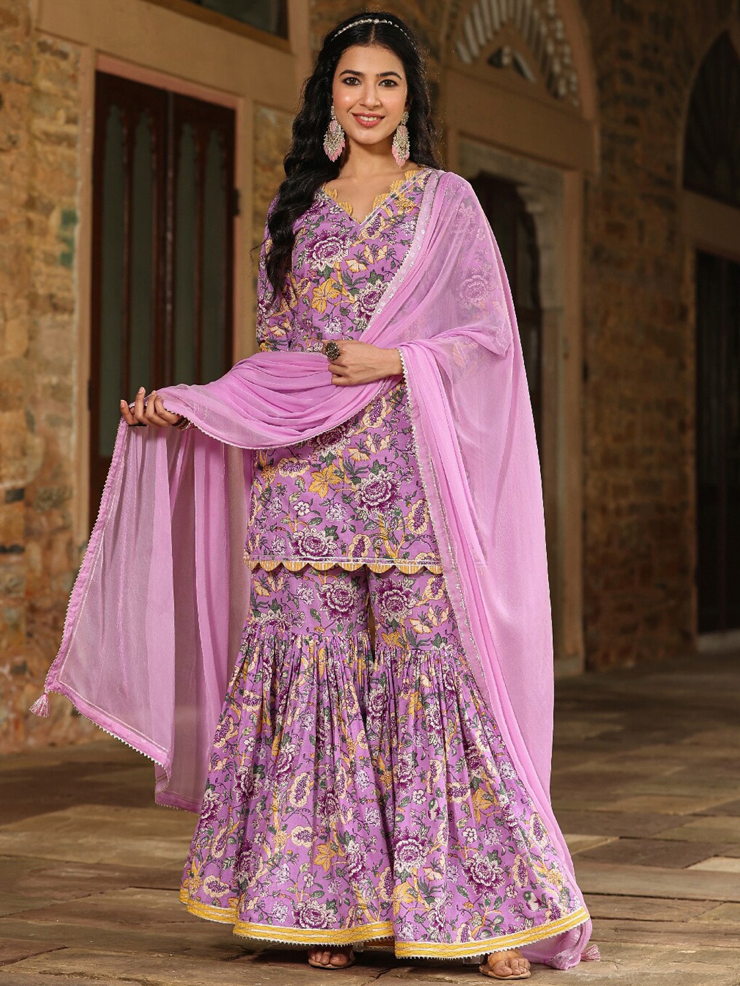 

EverBloom Floral Printed Gotta Patti Pure Cotton Kurti with Sharara & Dupatta, Lavender