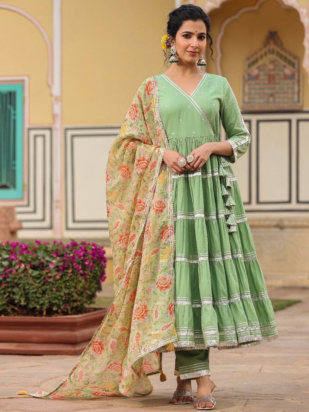 

EverBloom Embroidered Gotta Patti Anarakli Pure Cotton Kurta with Trousers & Dupatta, Green