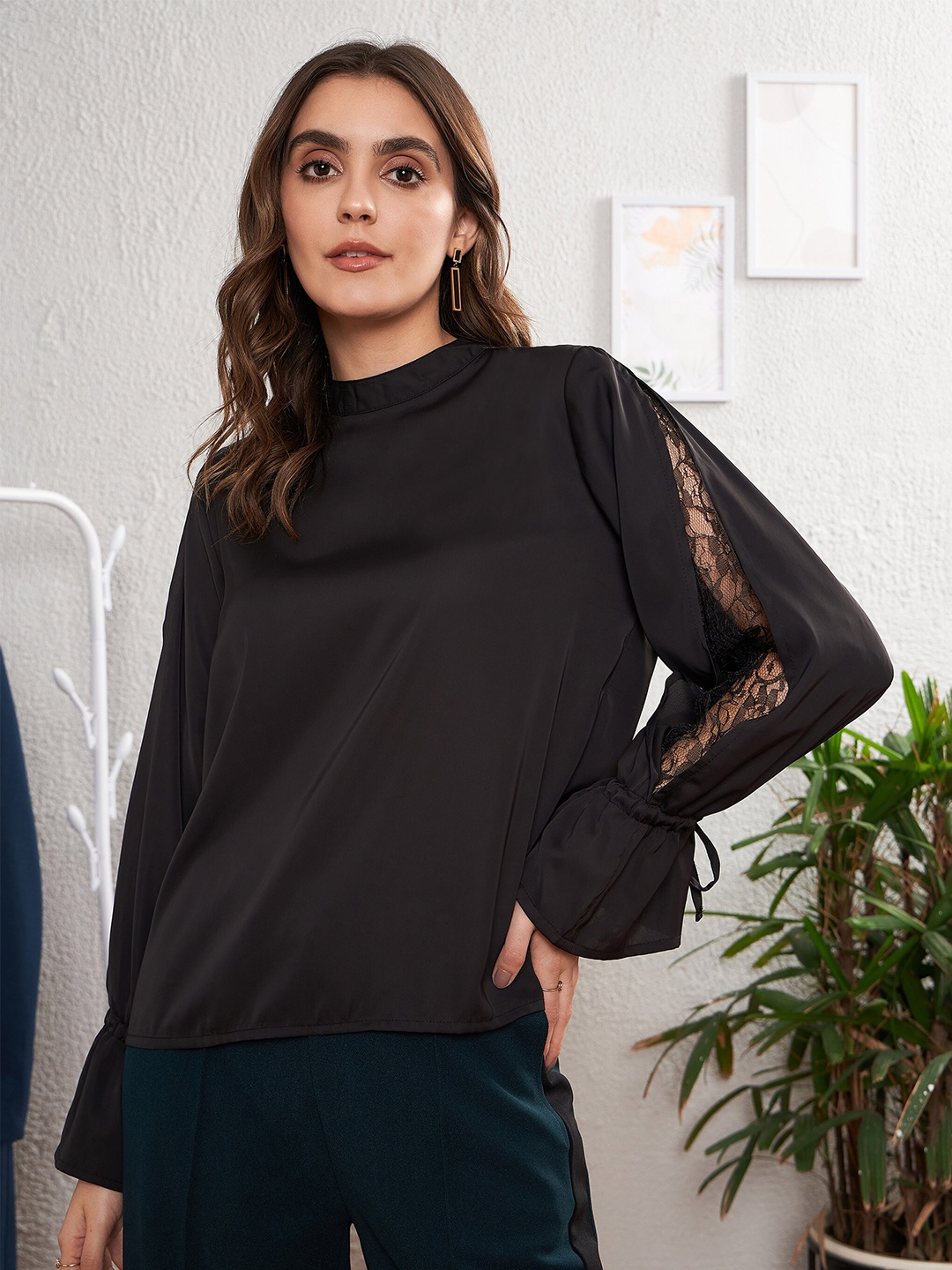 

SASSAFRAS worklyf Black High Neck Lace Detail Bell Sleeve Top