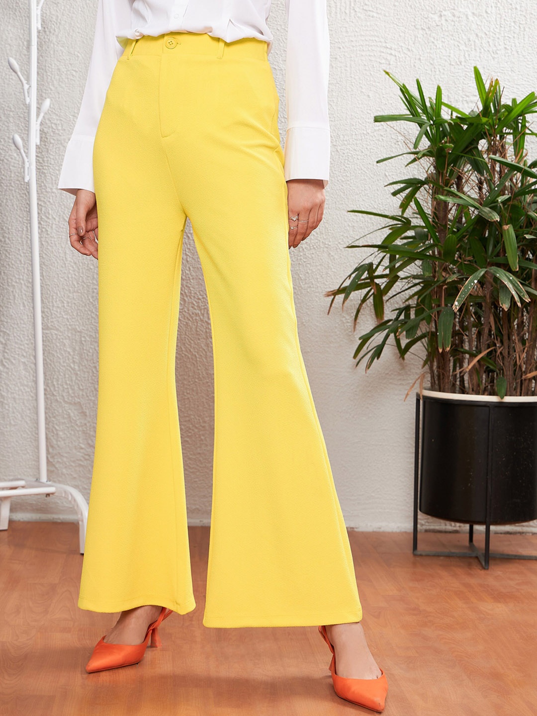 

SASSAFRAS worklyf Women Yellow Flared High-Rise Easy Wash Trousers