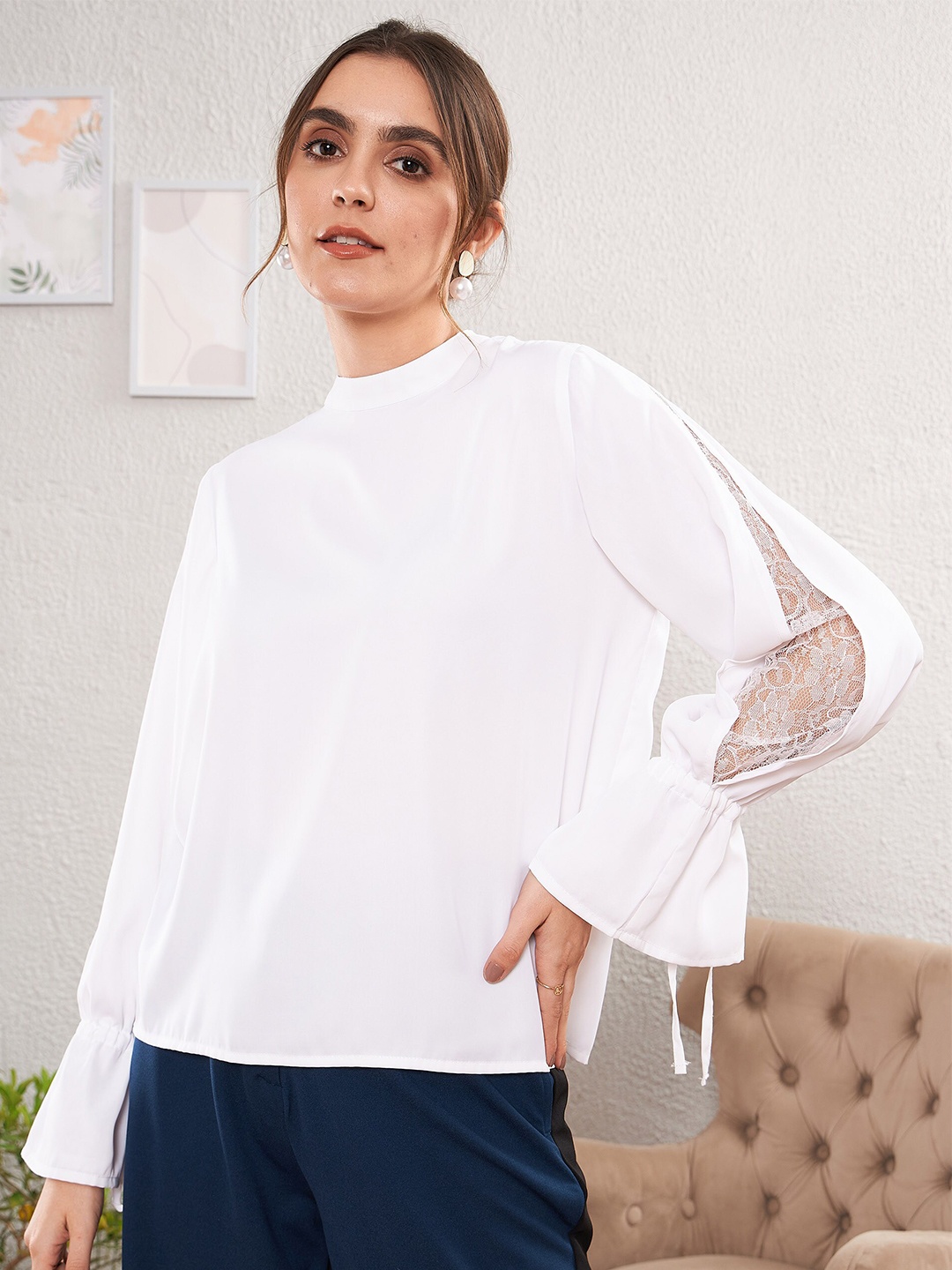 

SASSAFRAS worklyf High Neck Bell Sleeve Top, White