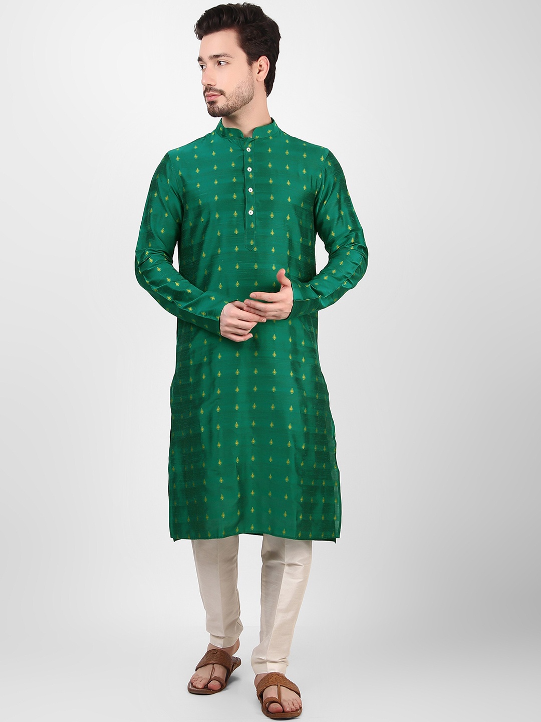

Cult Indie Mandarin Collar Ethnic Motifs Woven Design Straight Kurta, Green