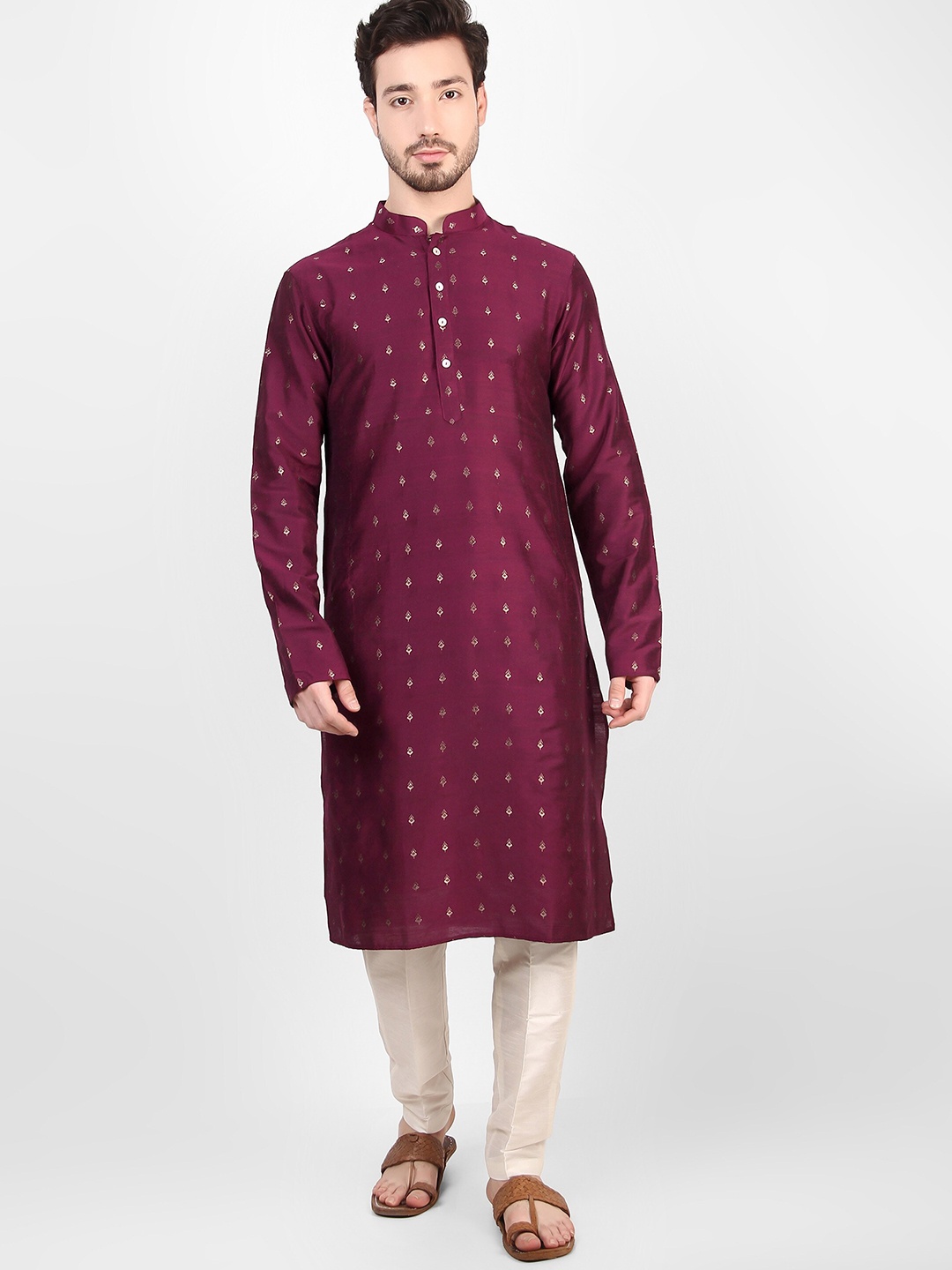 

Cult Indie Mandarin Collar Ethnic Motifs Woven Design Straight Kurta, Purple