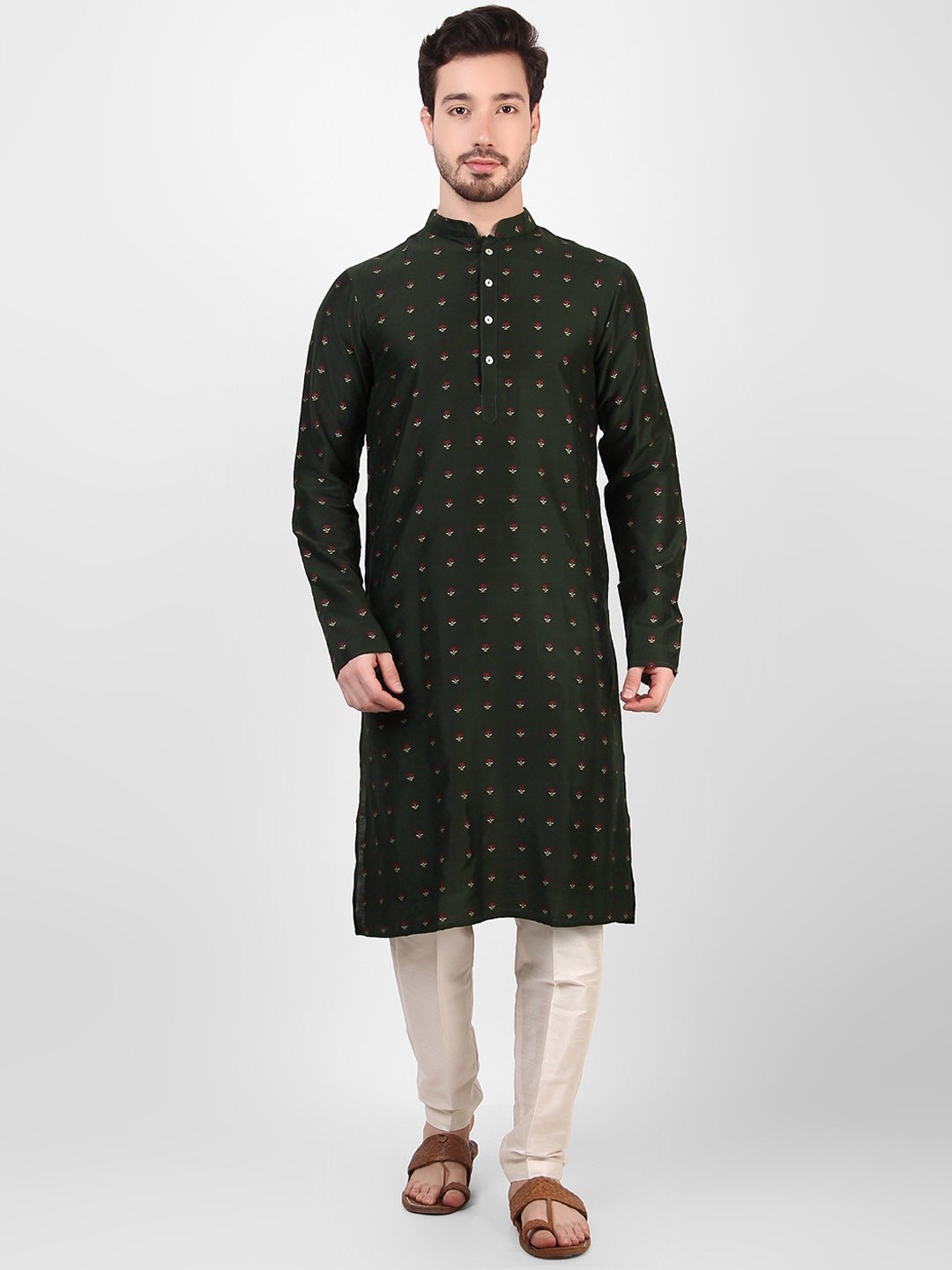 

Cult Indie Mandarin Collar Floral Woven Design Straight Kurta, Olive