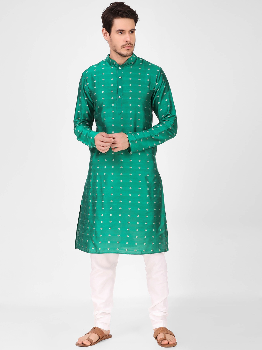 

Cult Indie Mandarin Collar Geometric Woven Design Straight Kurta, Green