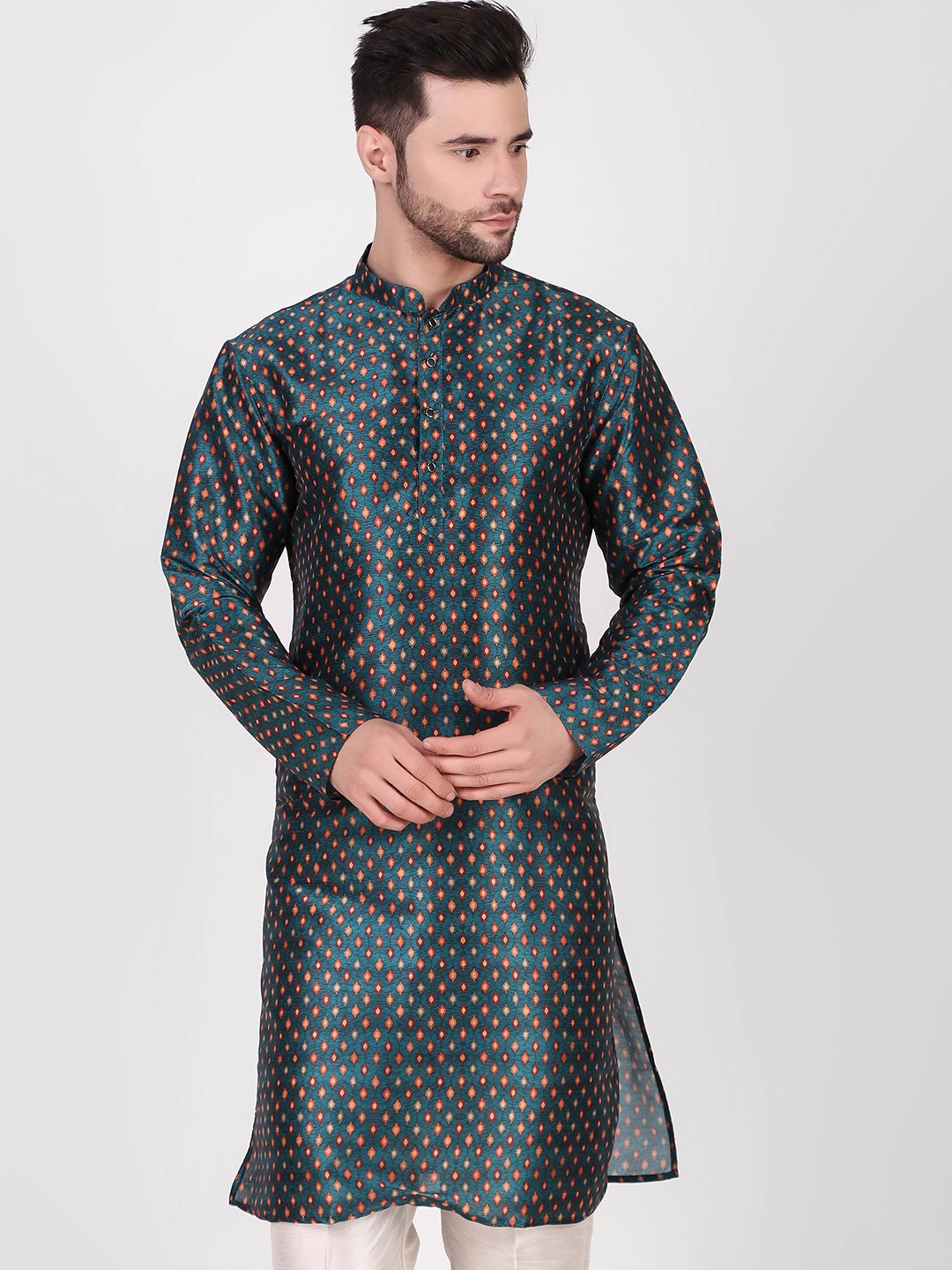 

Cult Indie Ethnic Motifs Printed Jacquard Kurta, Teal