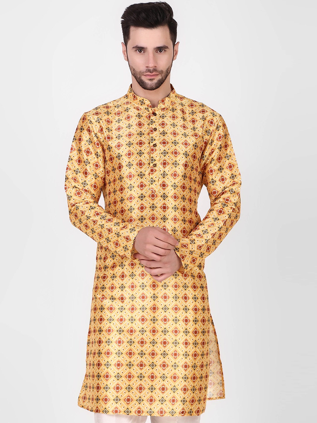 Cult Indie Mandarin Collar Ethnic Motifs Printed Straight Kurta, Yellow
